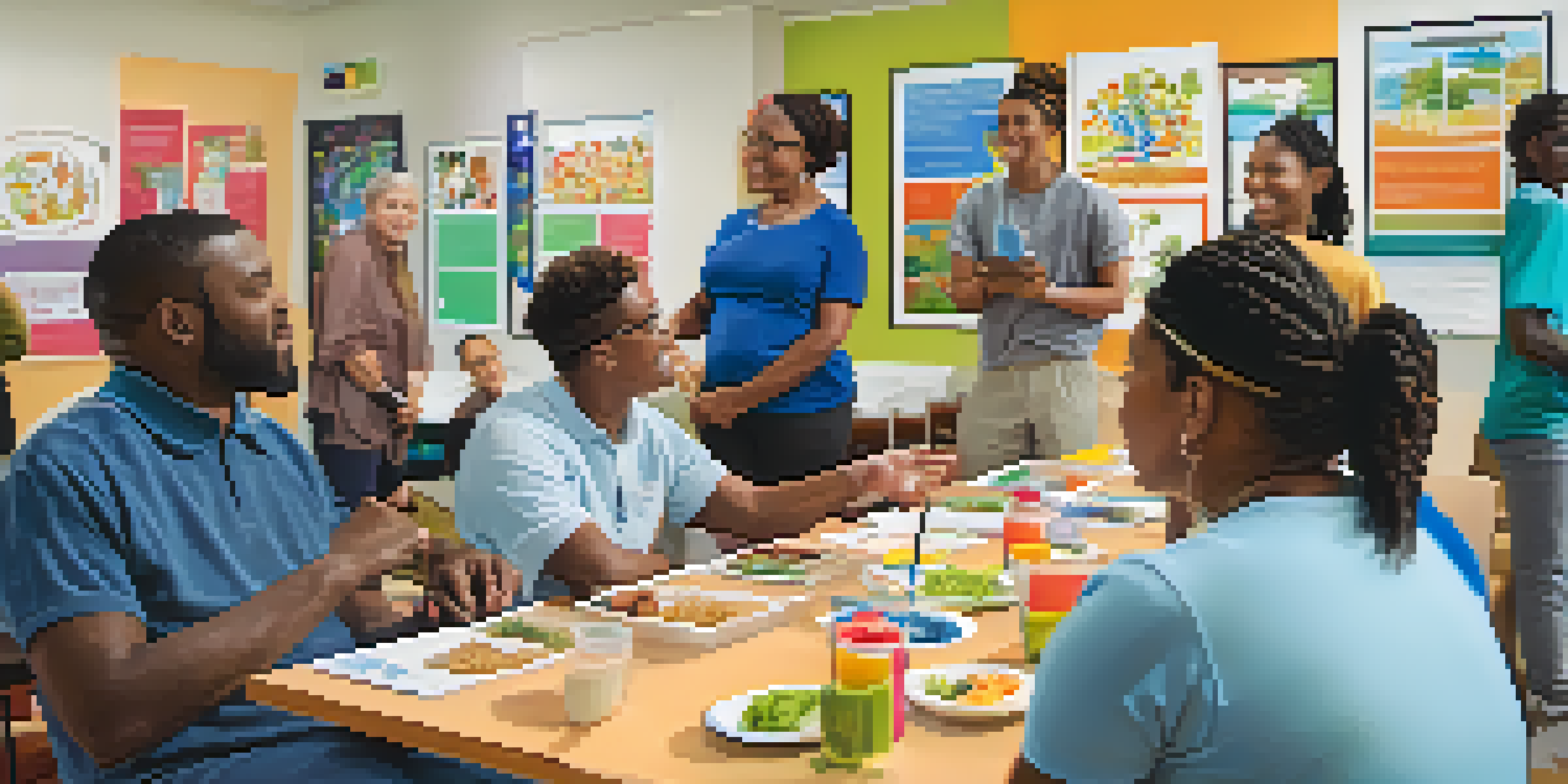 A diverse group of people attending a public health education workshop in a community center, with colorful health posters and a facilitator presenting.