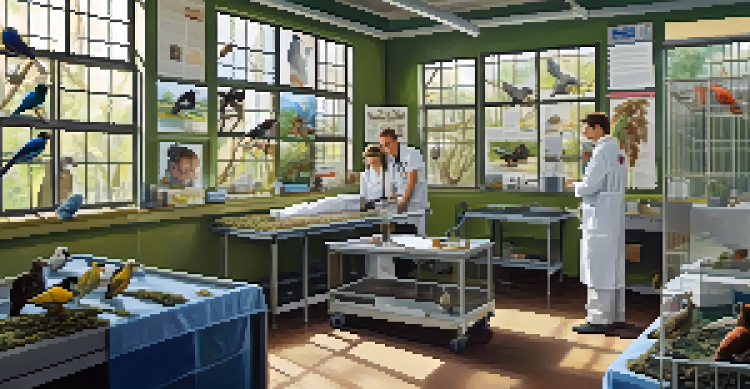 Inside an urban wildlife rehabilitation center with veterinarians caring for injured birds in a bright, well-lit room.
