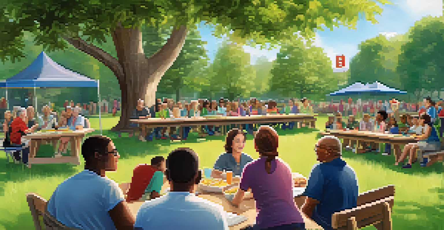 Residents gathered in a park for a community meeting, advocating for affordable housing with signs and discussions.