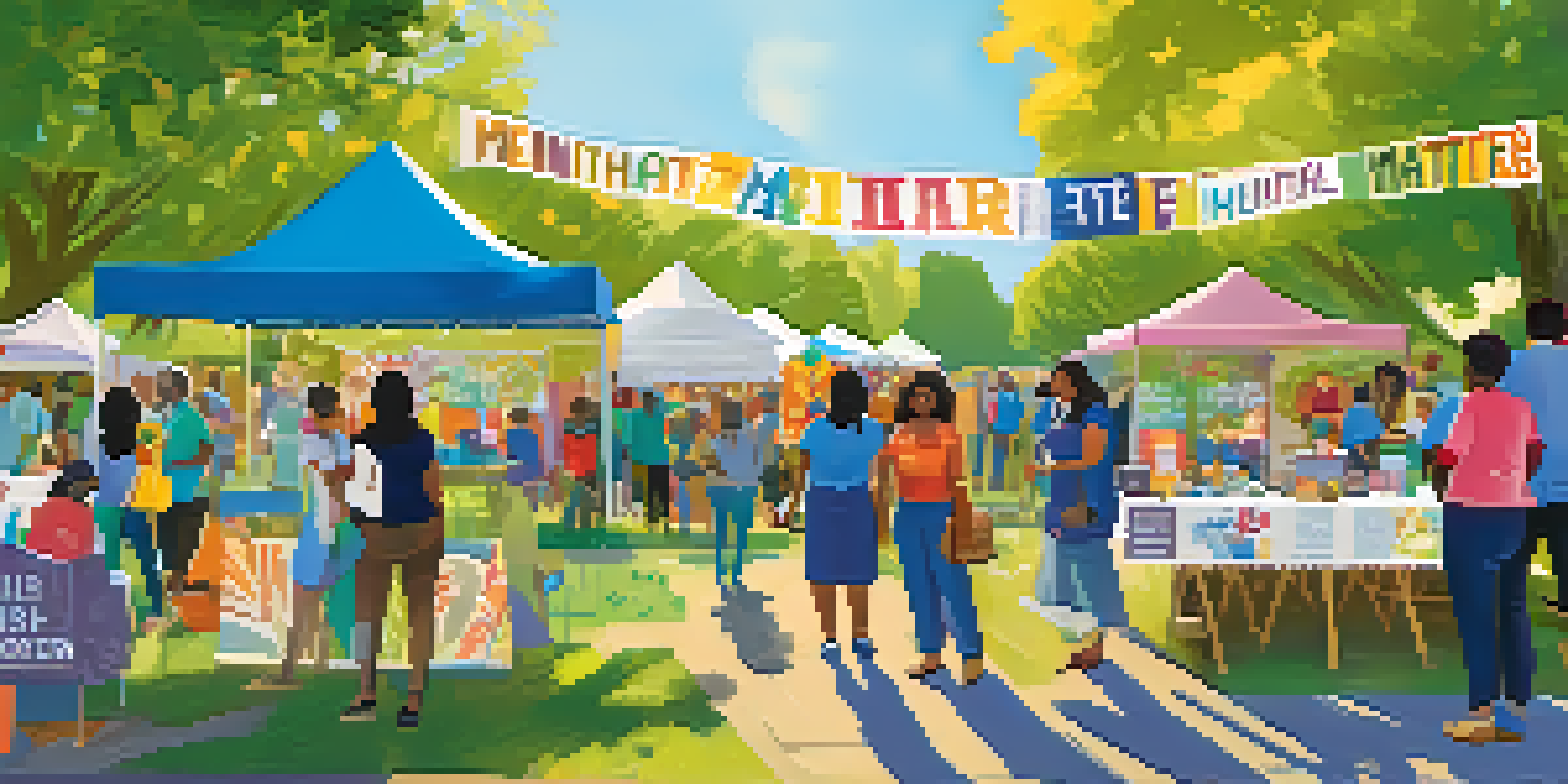 A lively mental health fair in a park with diverse individuals engaging at colorful stalls and a banner that reads 'Mental Health Matters'.