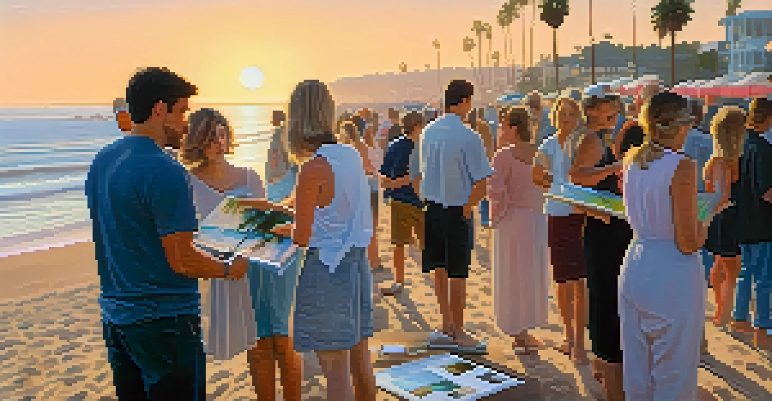 Local artists painting live at a Santa Monica art walk, with a beach and palm trees in the background during dusk.