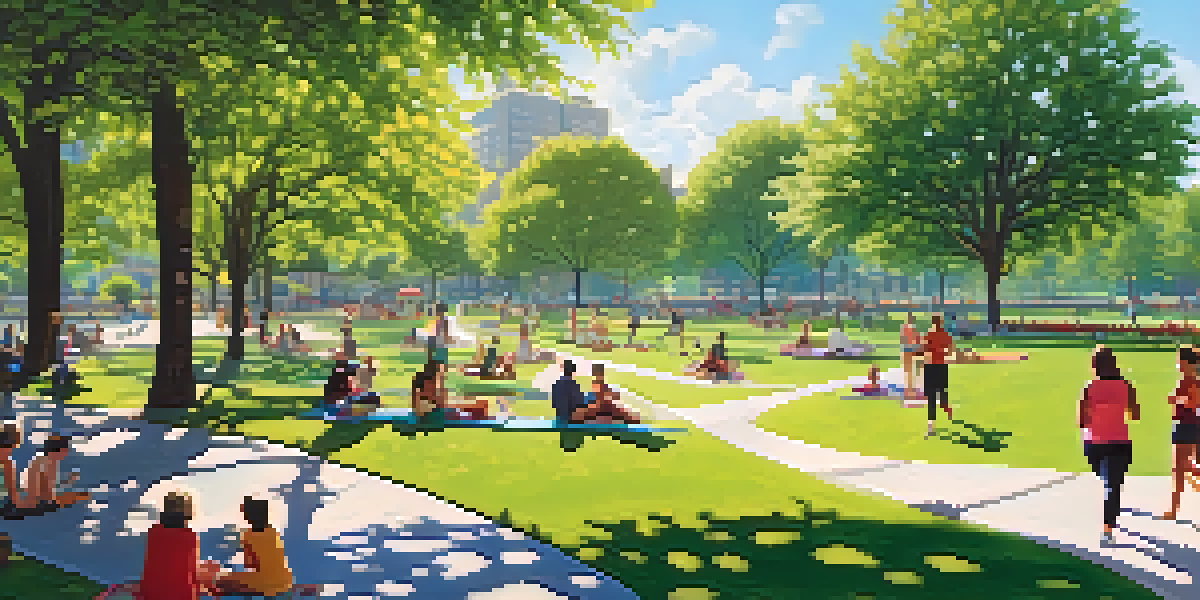 A lively urban park filled with trees and flowers, where people engage in various outdoor activities like jogging and yoga, illuminated by sunlight.
