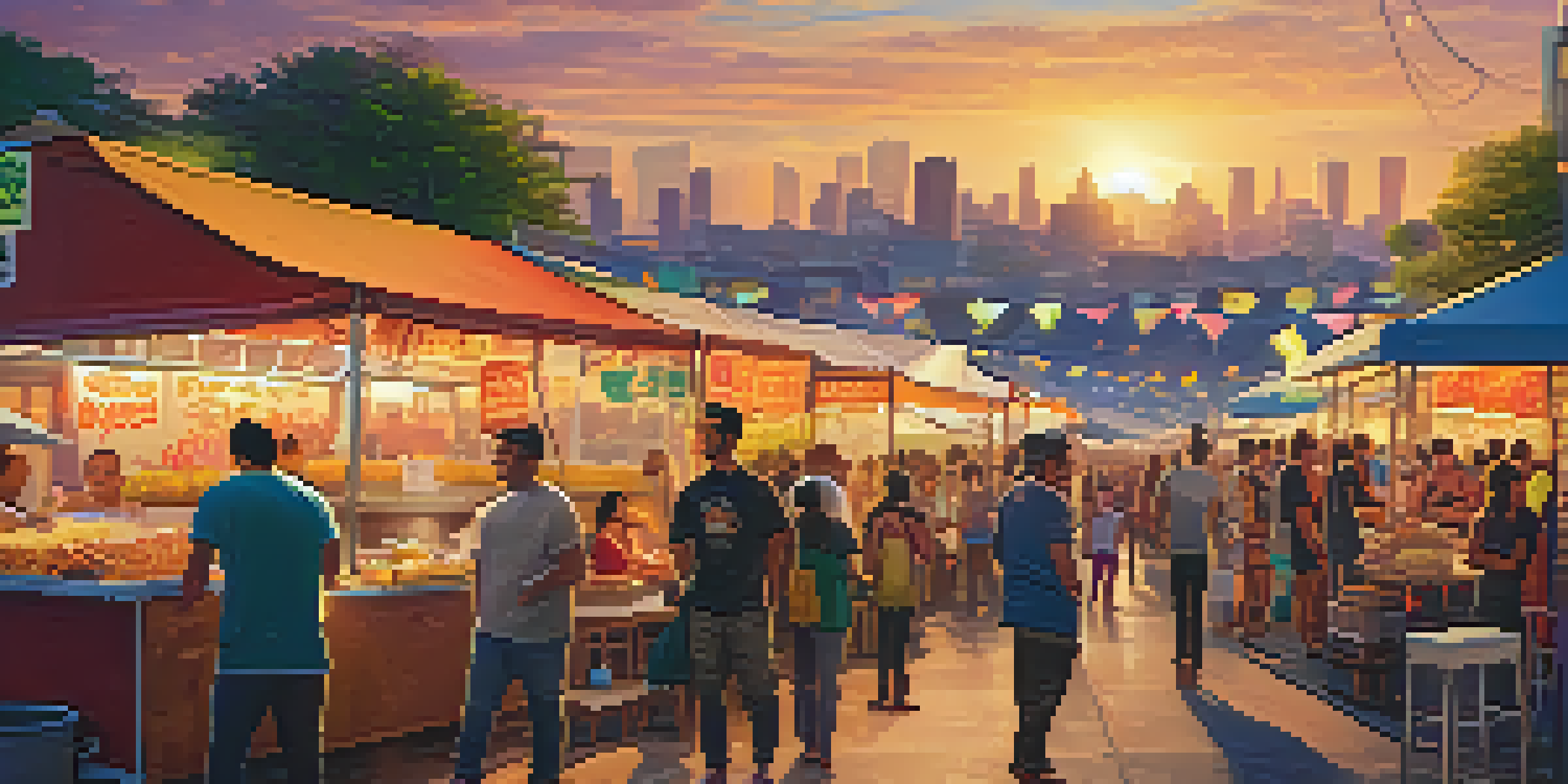 A vibrant street food market at sunset with diverse people enjoying colorful stalls and delicious food.