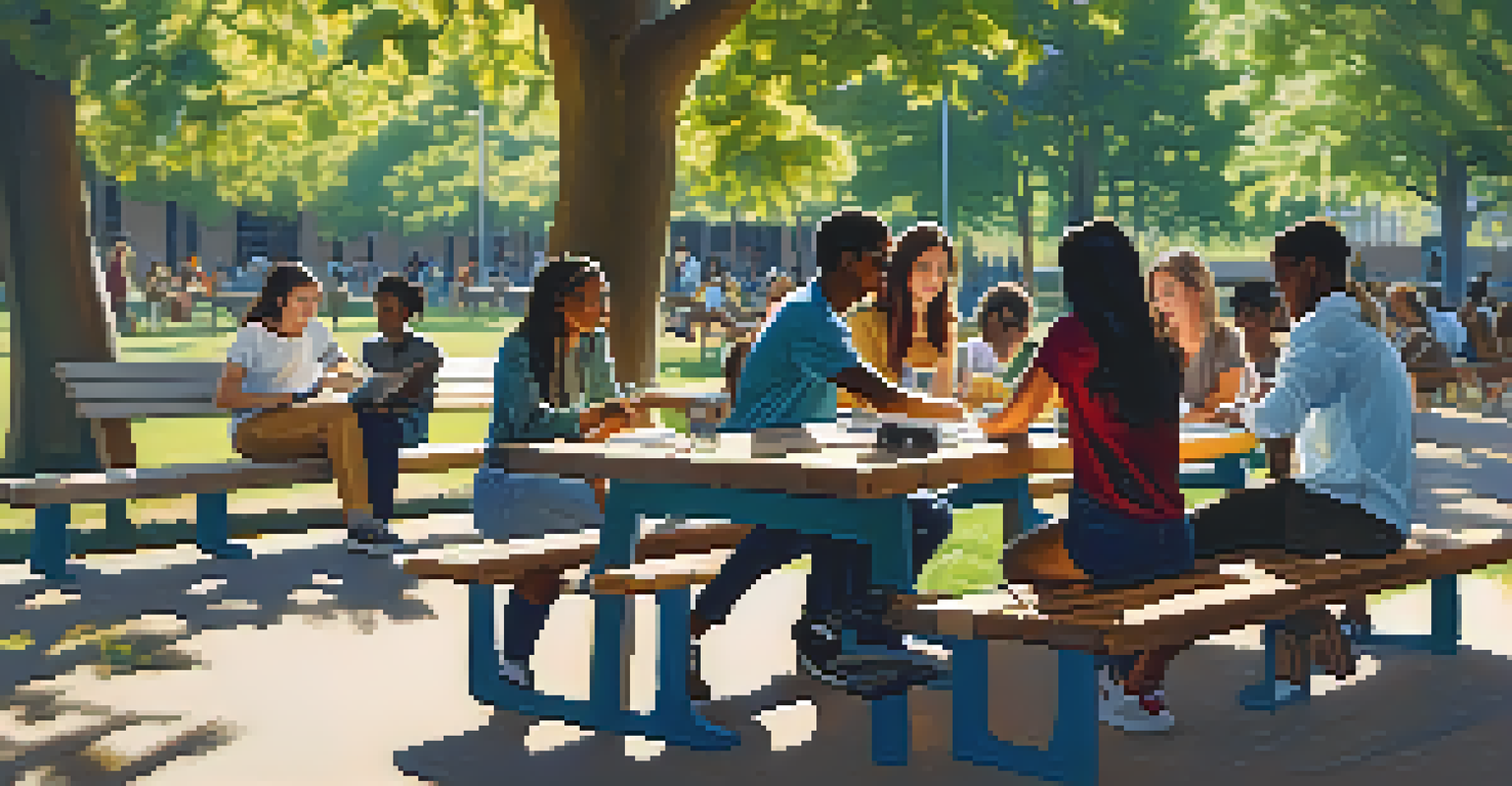 A group of international students from Canada and South Africa working together on a project in a sunny park setting.