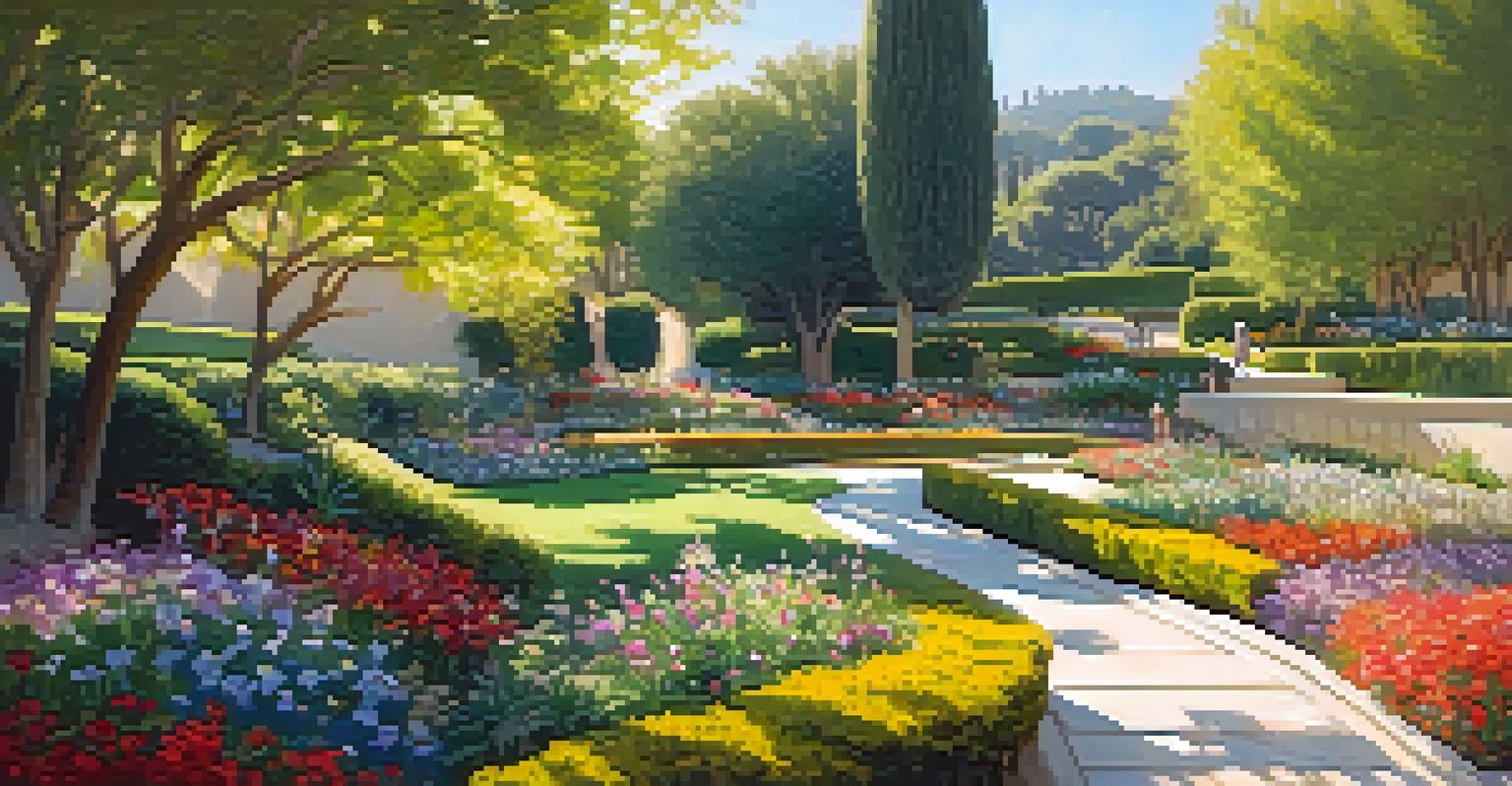 The peaceful gardens of the Getty Center with winding paths, colorful flowers, and people enjoying the serene environment.