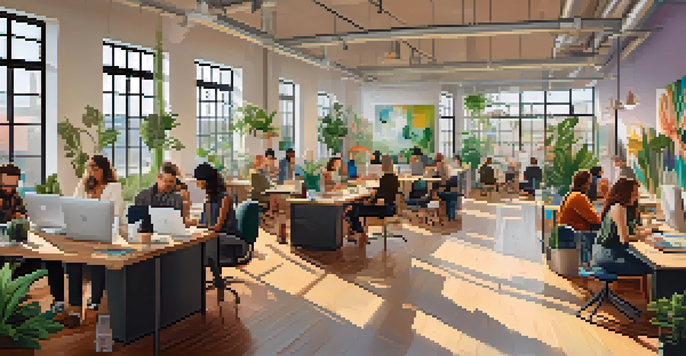 A busy co-working space in Los Angeles with freelancers working on laptops and collaborating, featuring large windows and greenery.