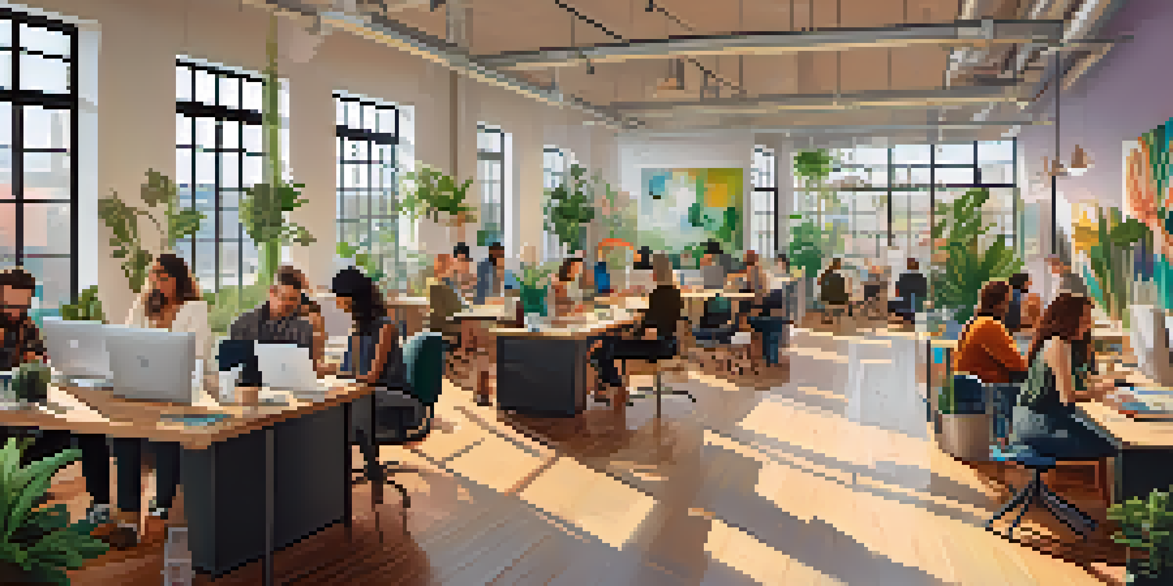 A busy co-working space in Los Angeles with freelancers working on laptops and collaborating, featuring large windows and greenery.