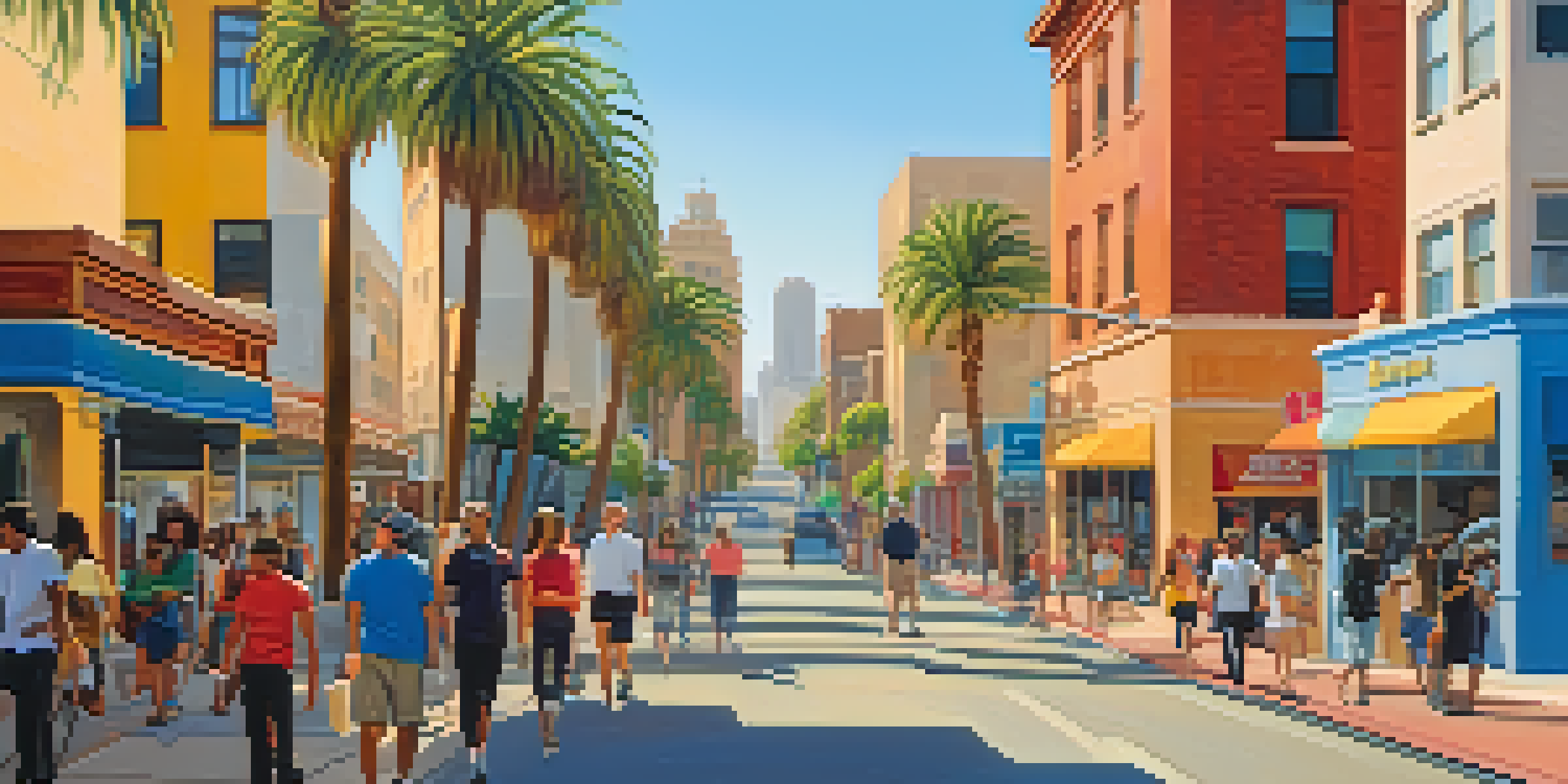 A lively street in Los Angeles showcasing diverse buildings, palm trees, and pedestrians under a sunny sky.