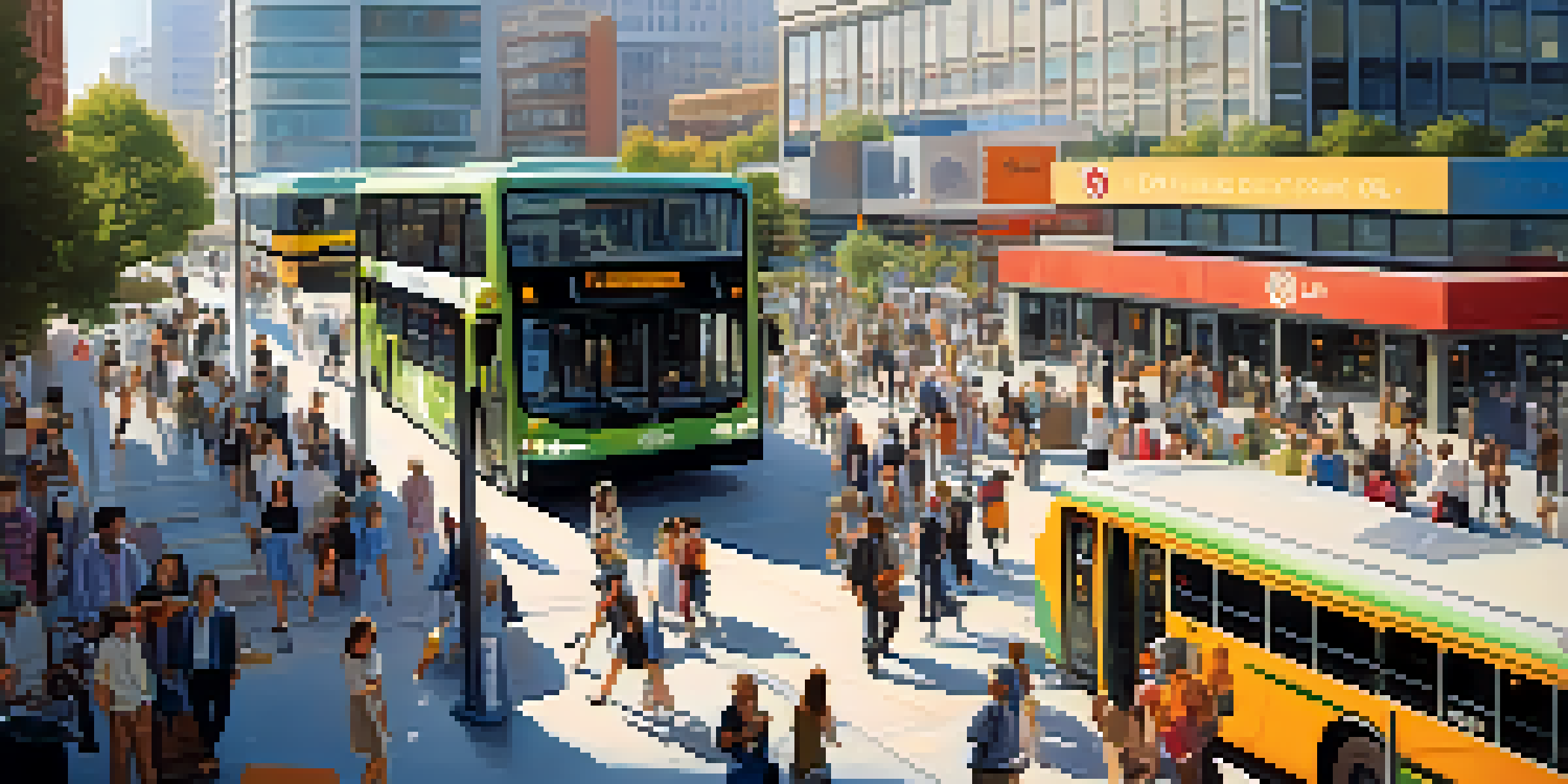 A lively urban public transportation area filled with electric buses, bicycles, and people checking mobile apps, with modern buildings in the background.