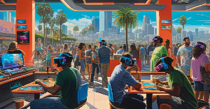A vibrant street scene in Los Angeles with a VR gaming café, featuring people in VR headsets and colorful murals.