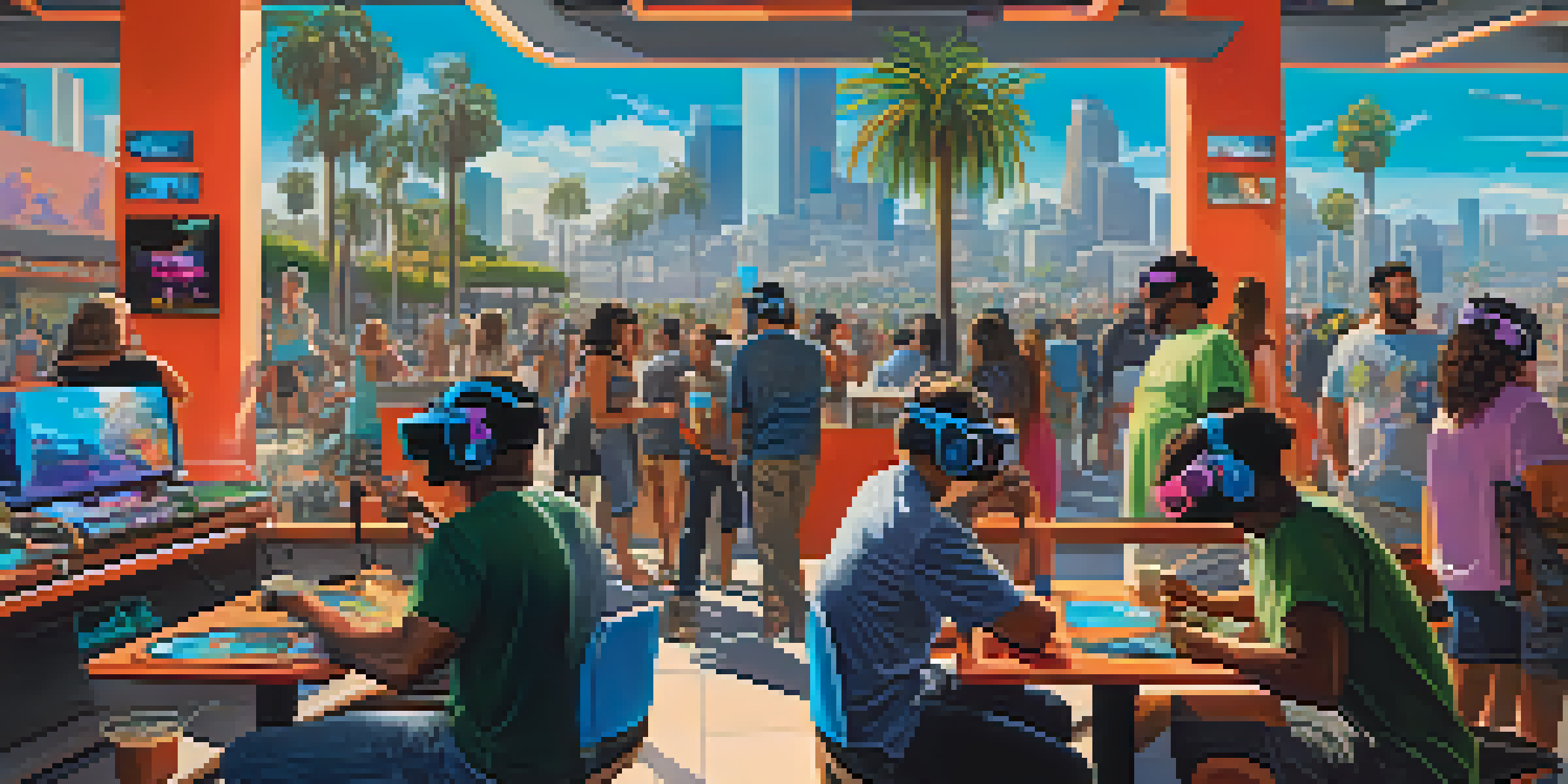 A vibrant street scene in Los Angeles with a VR gaming café, featuring people in VR headsets and colorful murals.