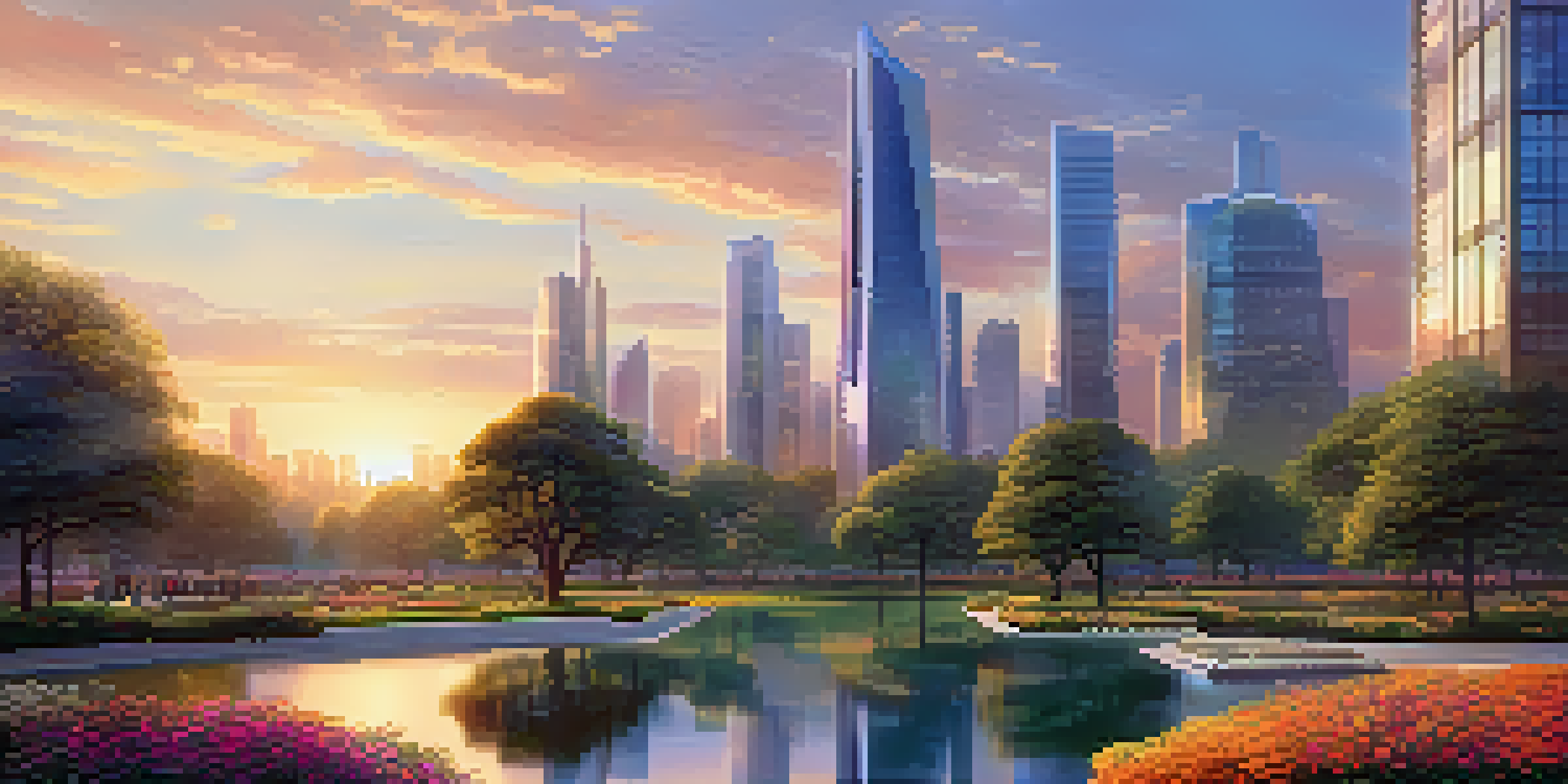 A futuristic cityscape at sunset with skyscrapers and a peaceful park in the foreground.