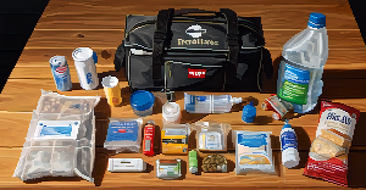An organized emergency supply kit with food, water, and first aid items on a wooden table in warm natural light.