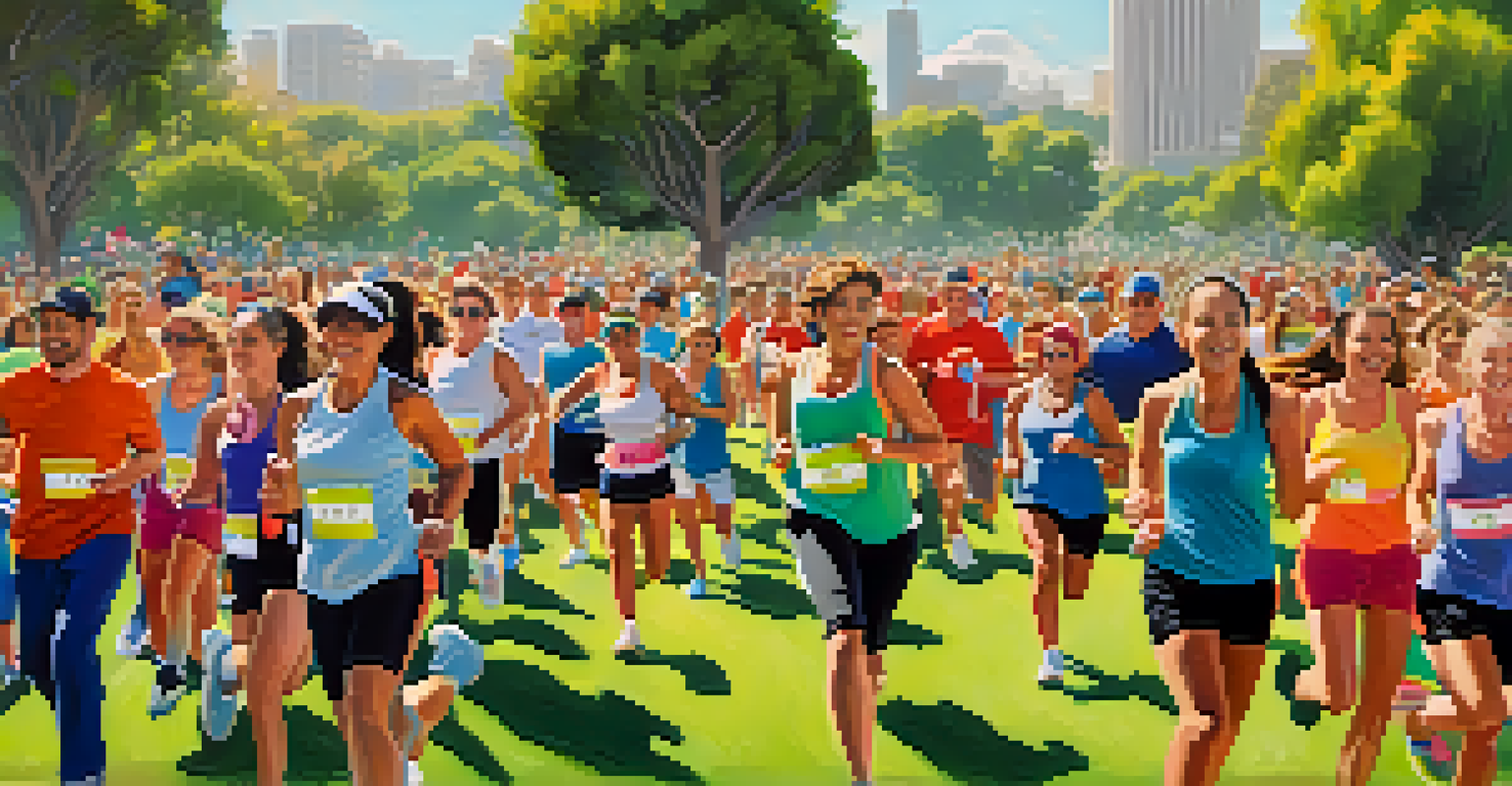 A community fitness event in a park, with people running and cheering spectators, surrounded by greenery.