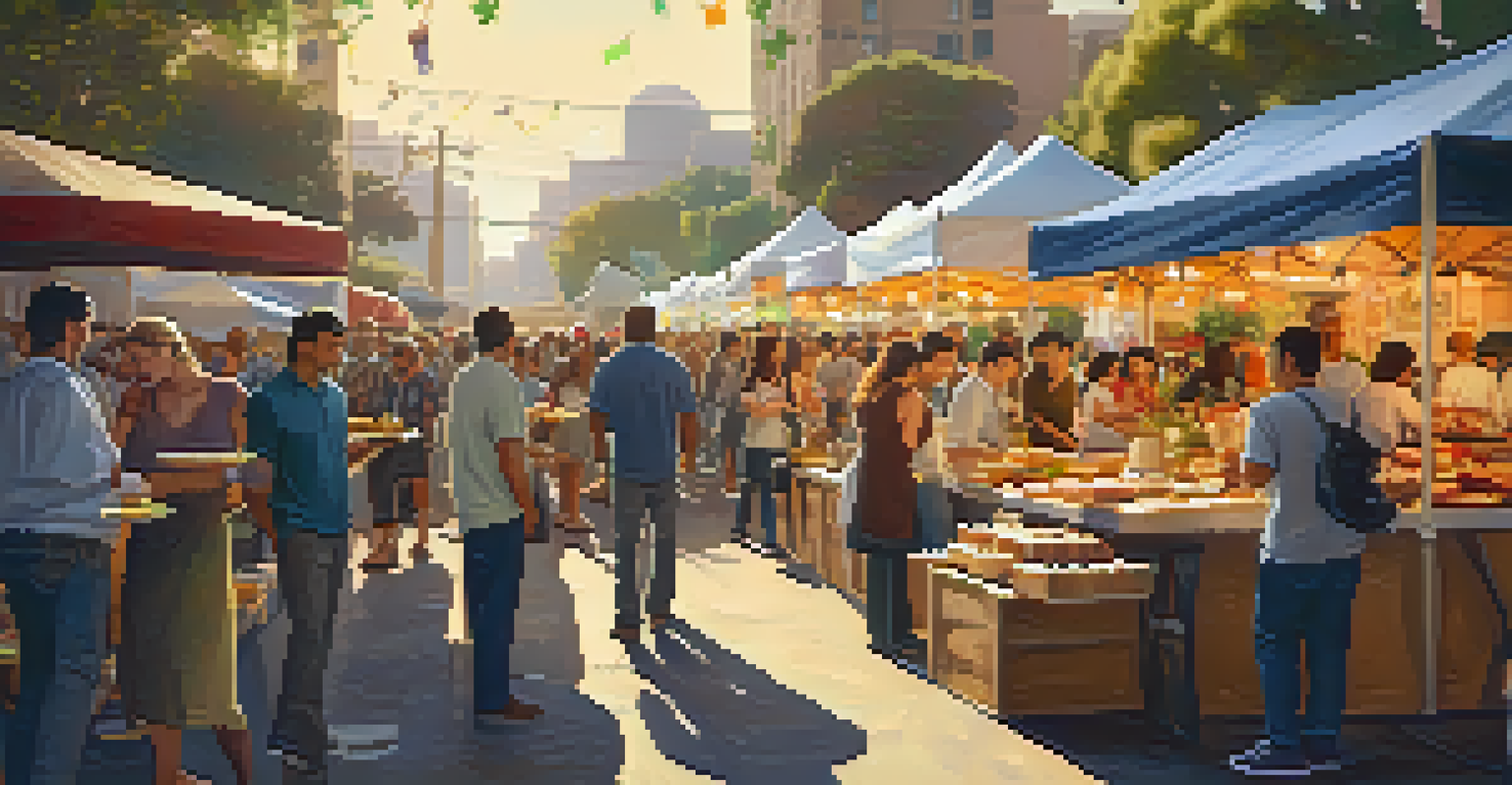 A lively food market scene during a festival in Los Angeles, with vendors presenting colorful dishes and attendees sampling food.