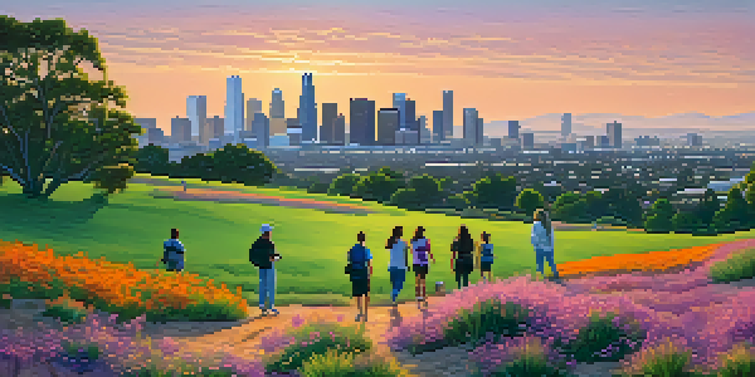 A sunset view of Los Angeles State Historic Park with walking trails, downtown skyline, and people having a picnic.