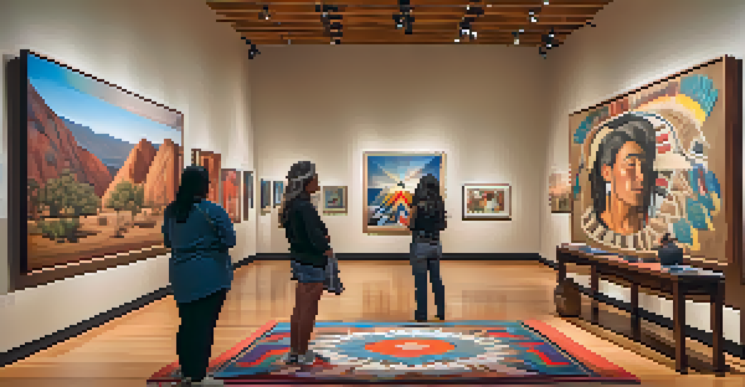 An art gallery setting where a Native American artist is painting, surrounded by various artworks that depict Indigenous culture.