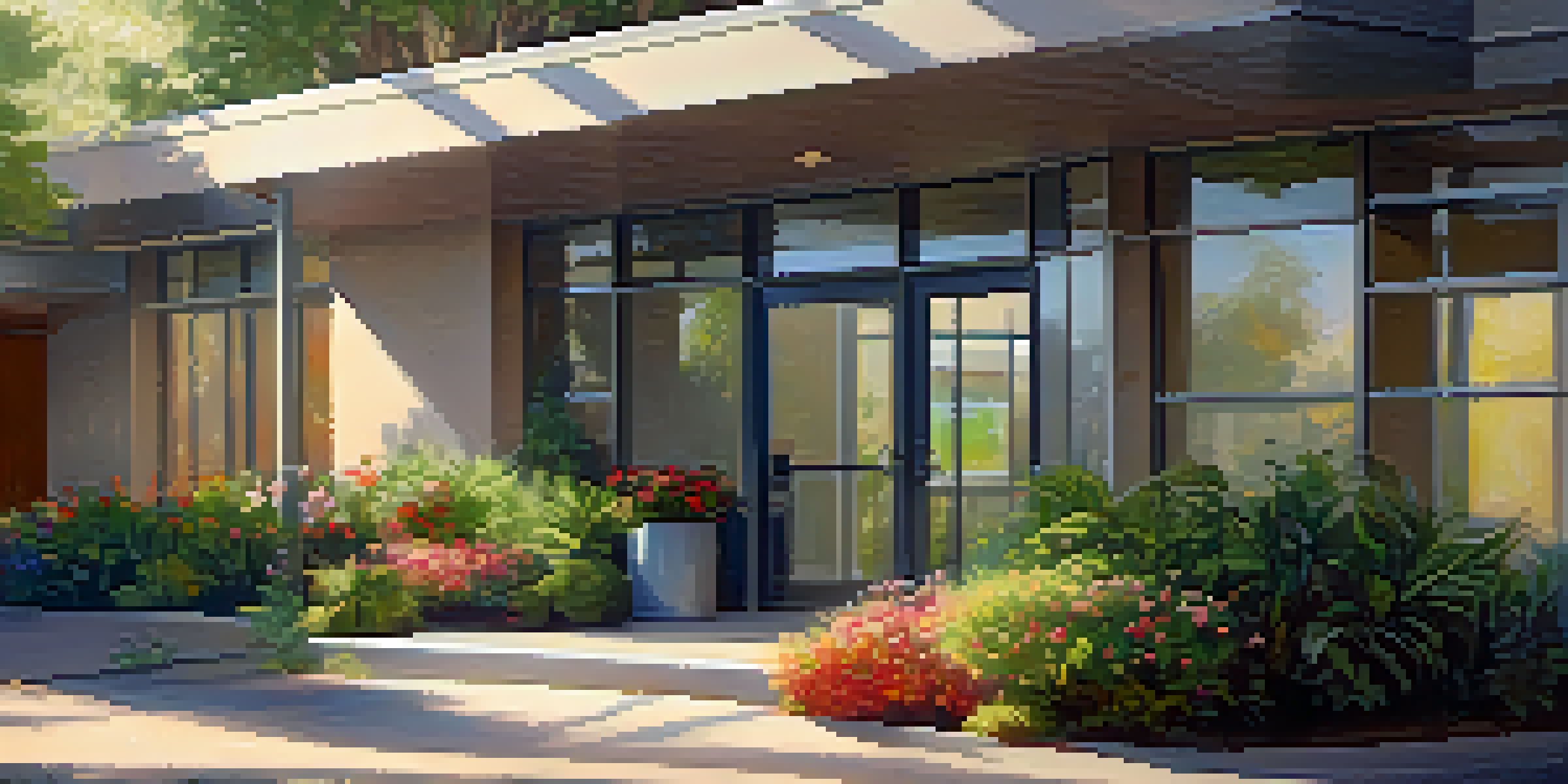 A welcoming mental health clinic in Los Angeles with greenery and sunlight, emphasizing a friendly atmosphere.