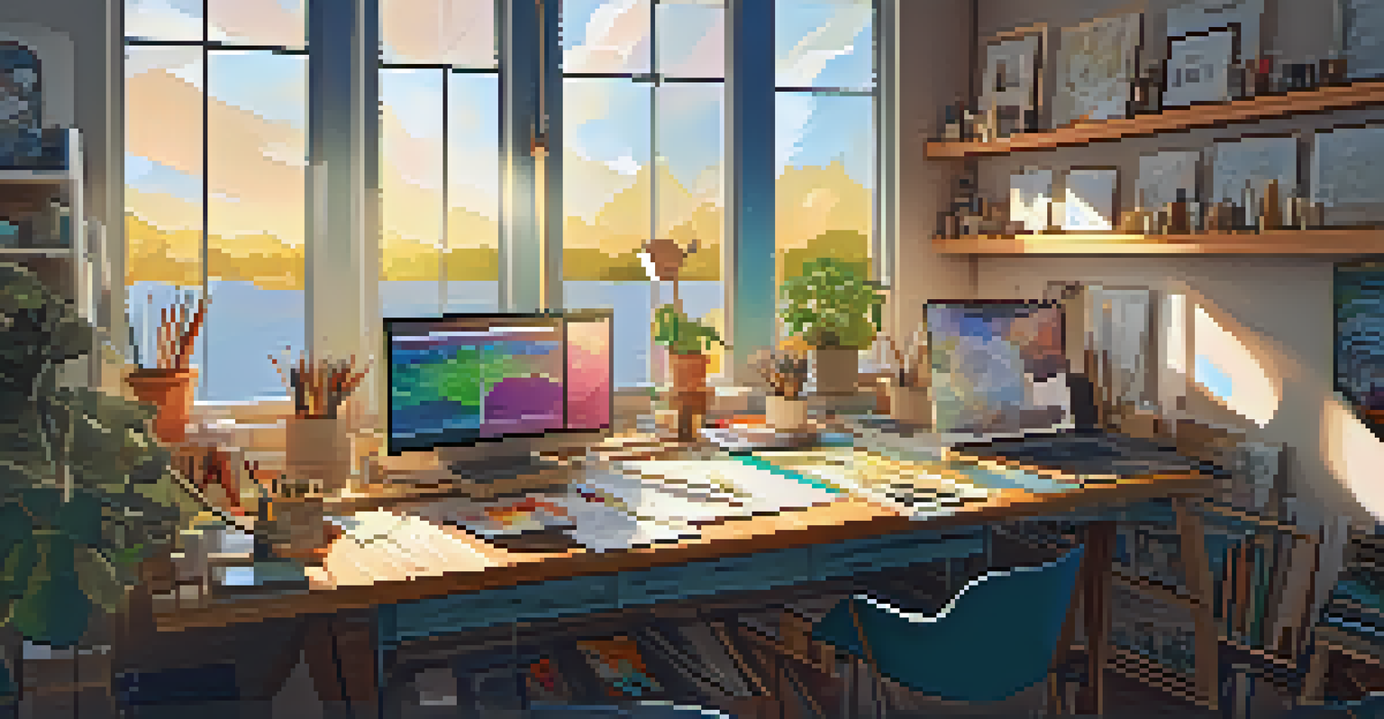 An inviting art collective workspace with artists creating art and sunlight pouring in through the windows.
