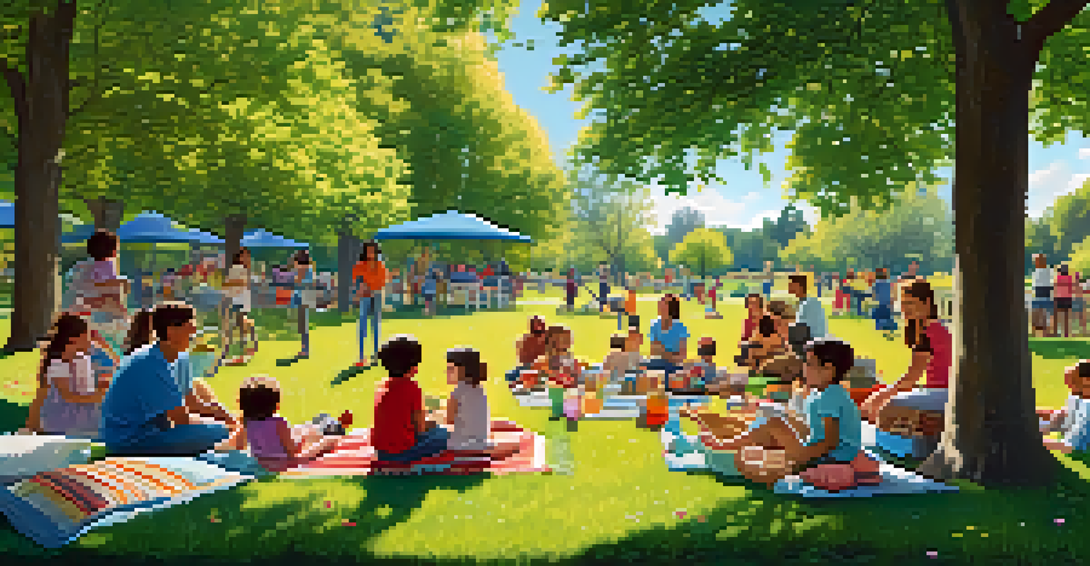 Families enjoying a picnic in the park, with children playing and parents socializing, surrounded by nature.