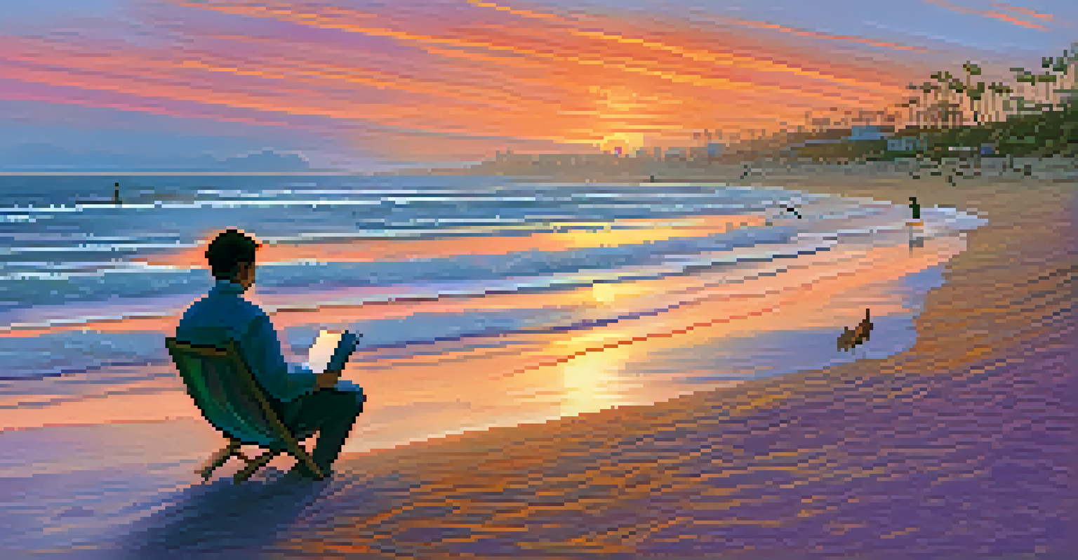 A poet sitting on the beach in Santa Monica at sunset, looking contemplative with a notebook in hand as vibrant colors fill the sky.