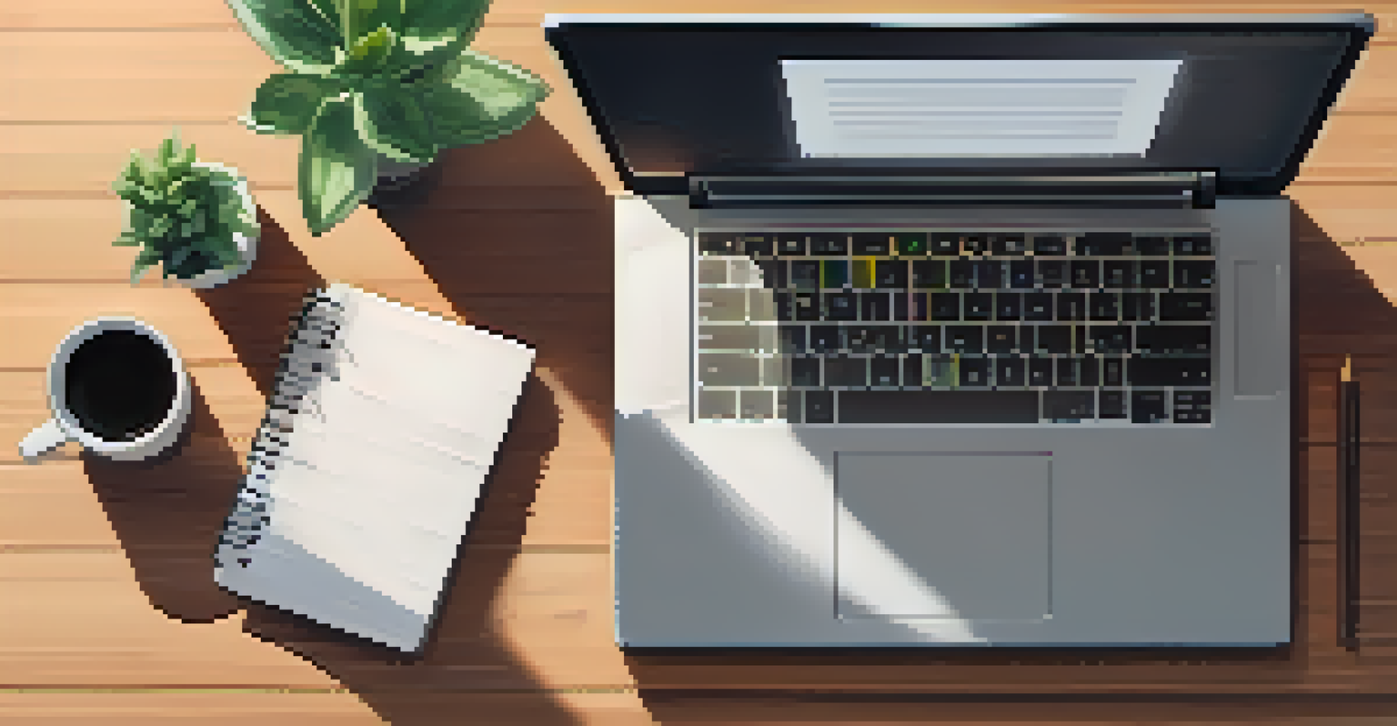 An organized home workspace with a laptop, notepad, and coffee on a wooden desk, illuminated by soft sunlight.