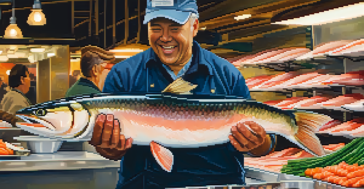 A fishmonger tossing a salmon at Pike Place Market, with excited onlookers and colorful stalls in the background.
