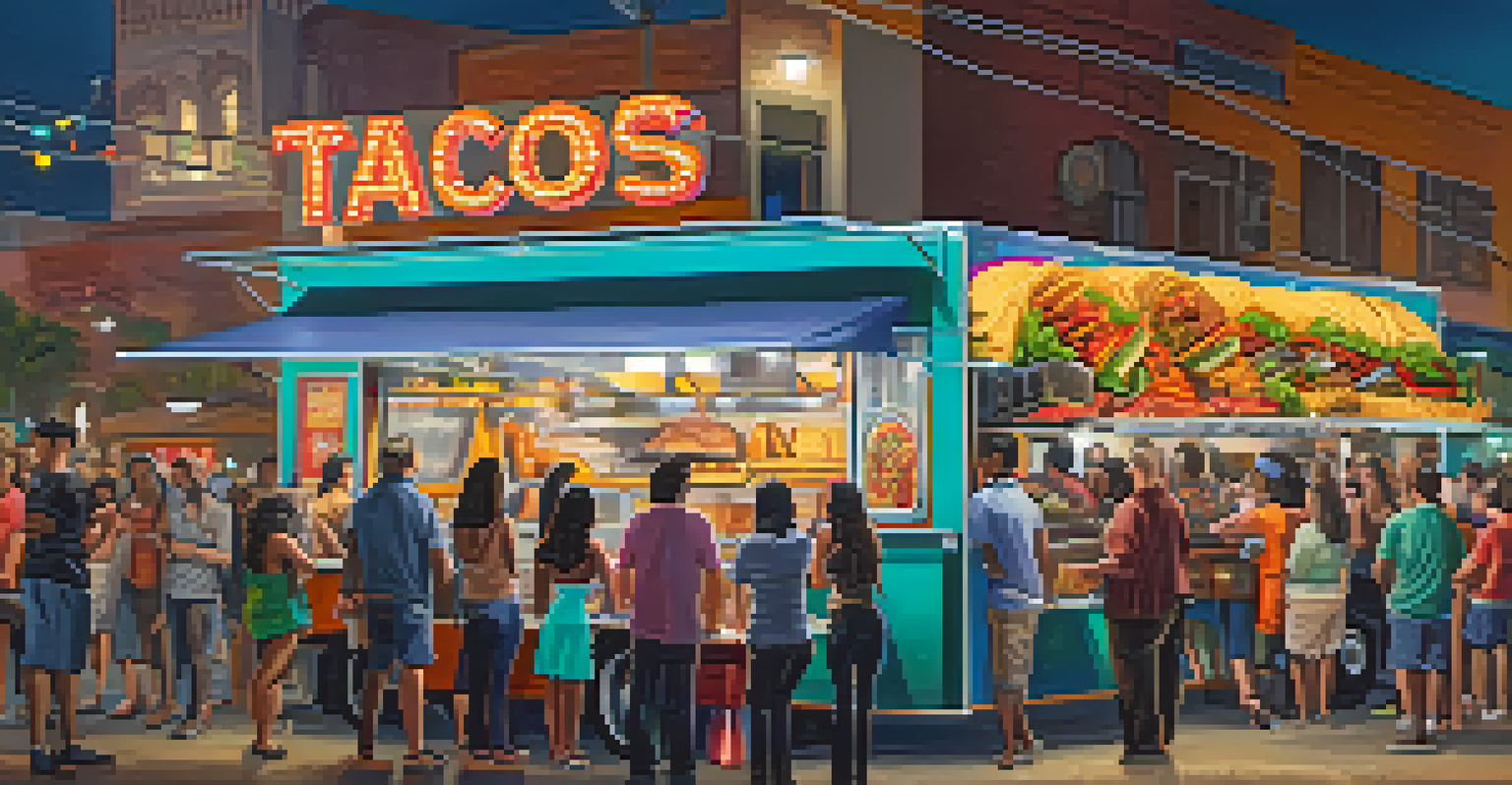A lively food truck scene outside a nightclub in Los Angeles, with people enjoying gourmet food and a festive atmosphere.