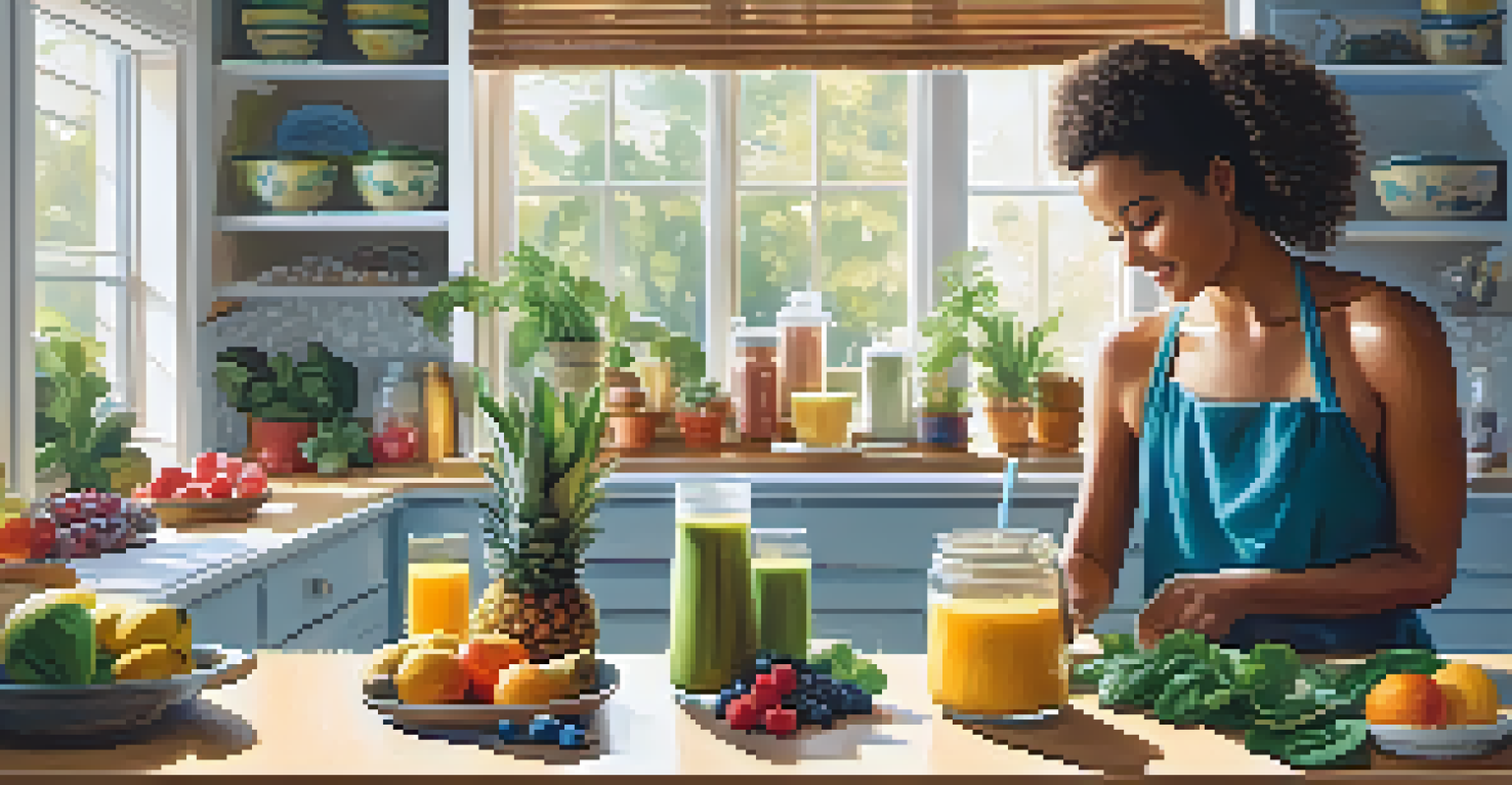 A cozy kitchen with a person making a plant-based smoothie, featuring fresh fruits and soft morning light.