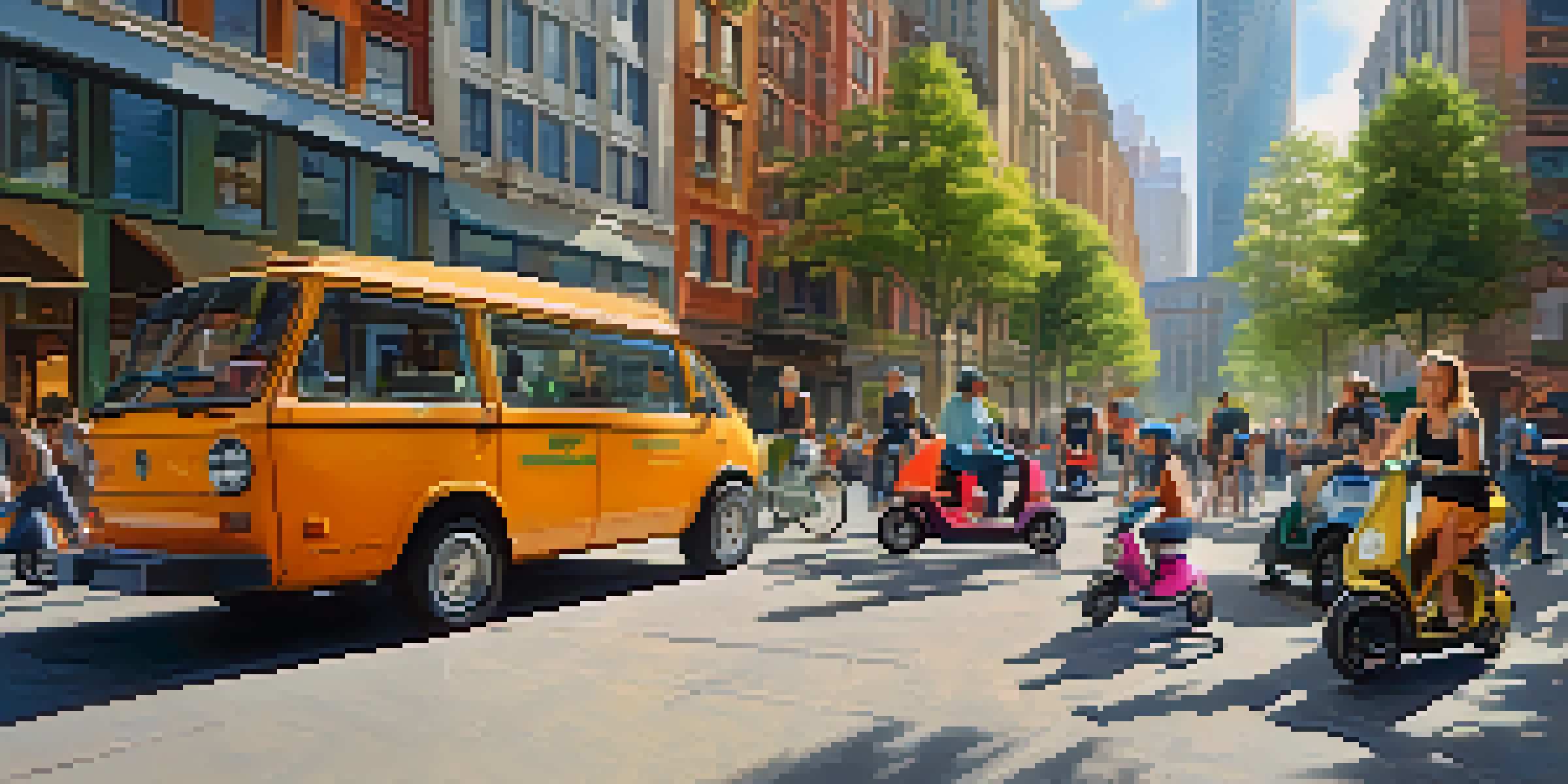 A lively city street filled with people riding e-scooters and bicycles, showcasing a mix of modern architecture and greenery under a bright sunny sky.