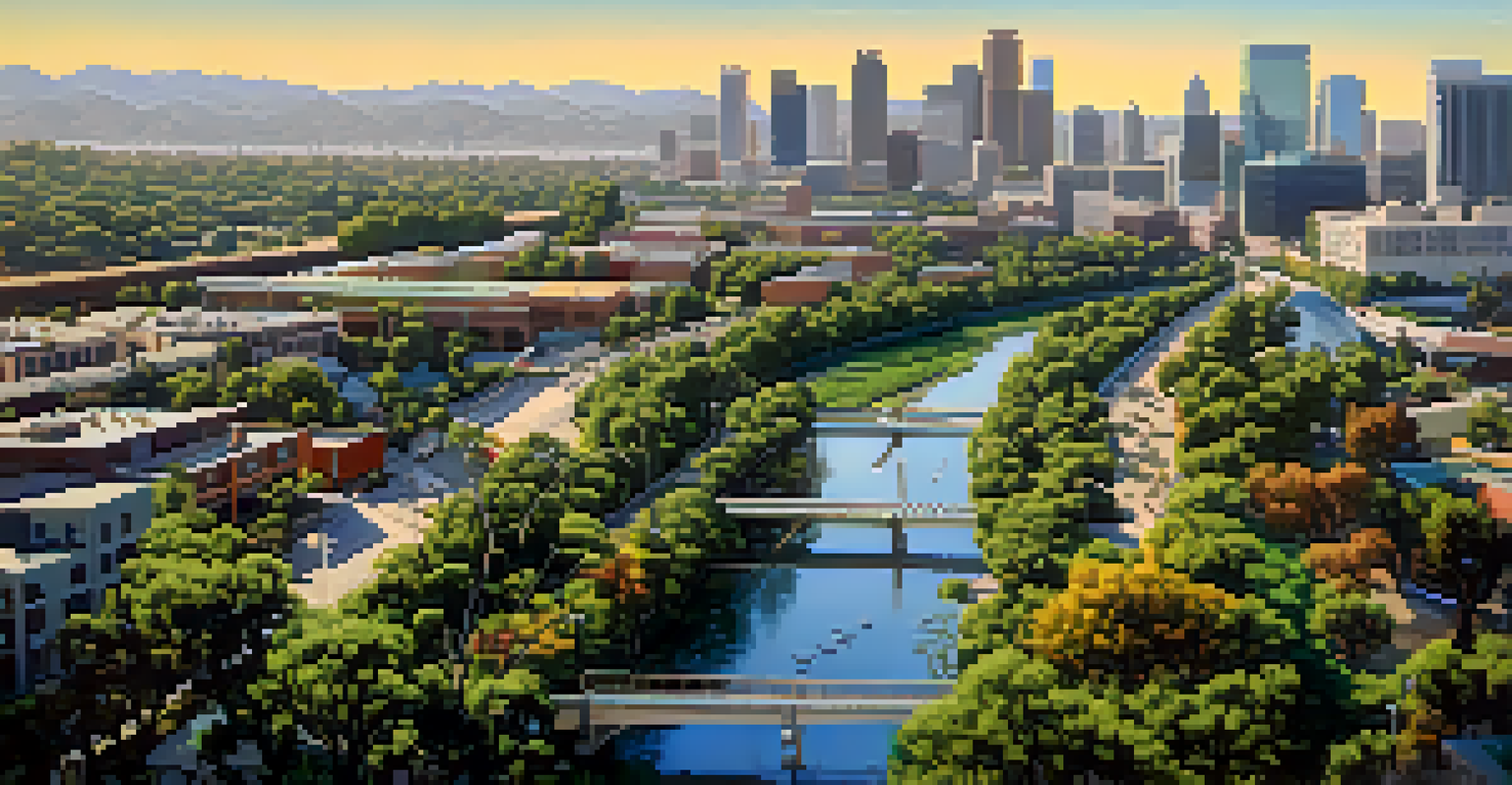 An aerial view of the Los Angeles River with green spaces and wildlife corridors visible alongside urban development.