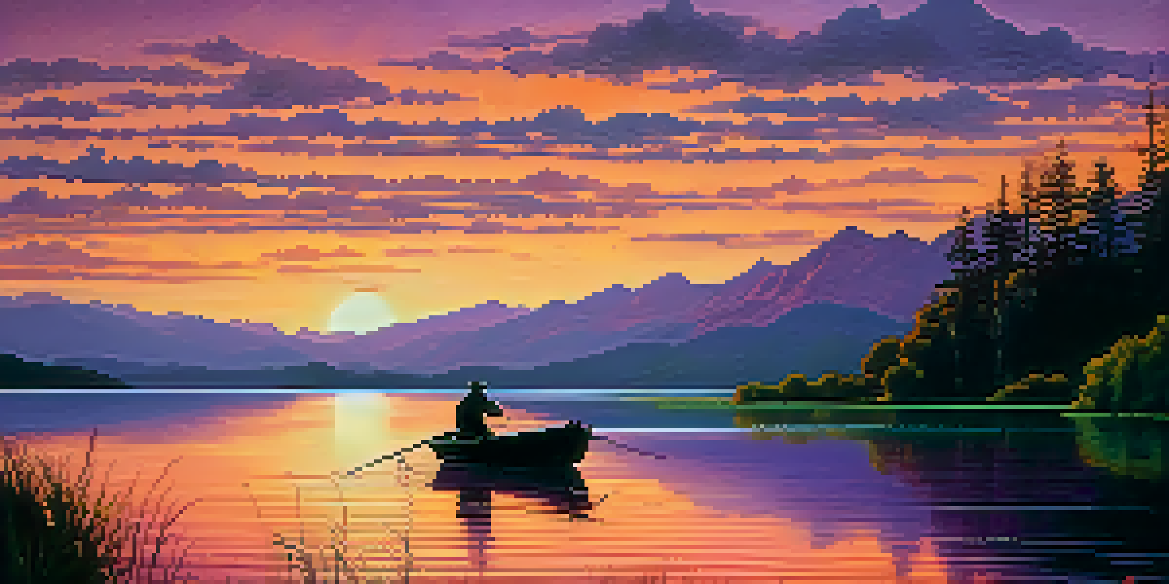 A peaceful sunset over a lake with a silhouette of a fisherman in a boat, surrounded by trees and mountains in the background.