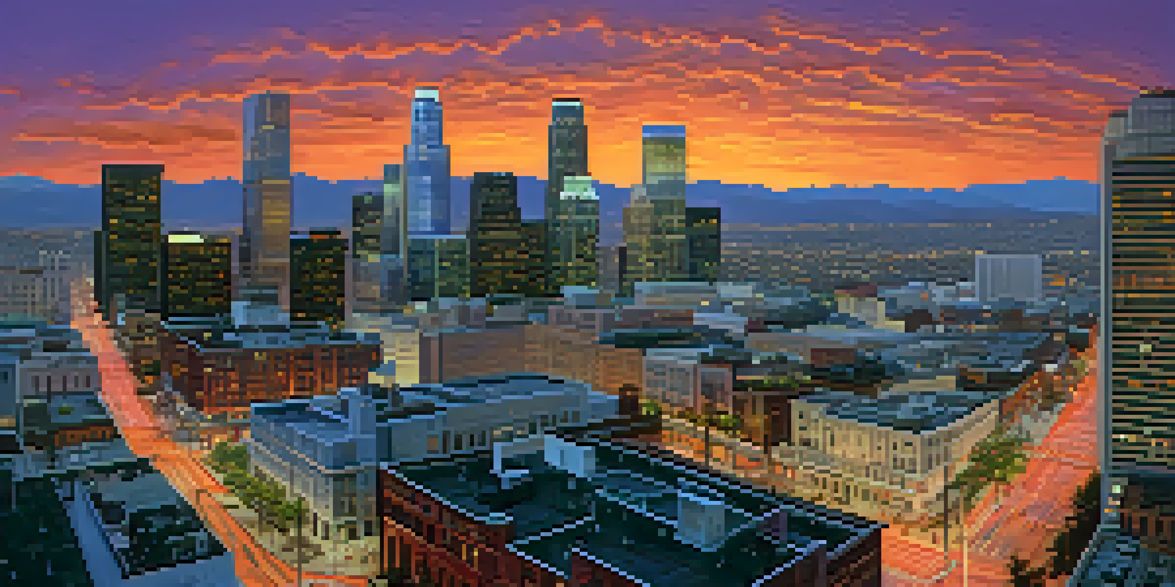 A panoramic view of Downtown Los Angeles at dusk with modern skyscrapers and historic buildings under a colorful sunset.