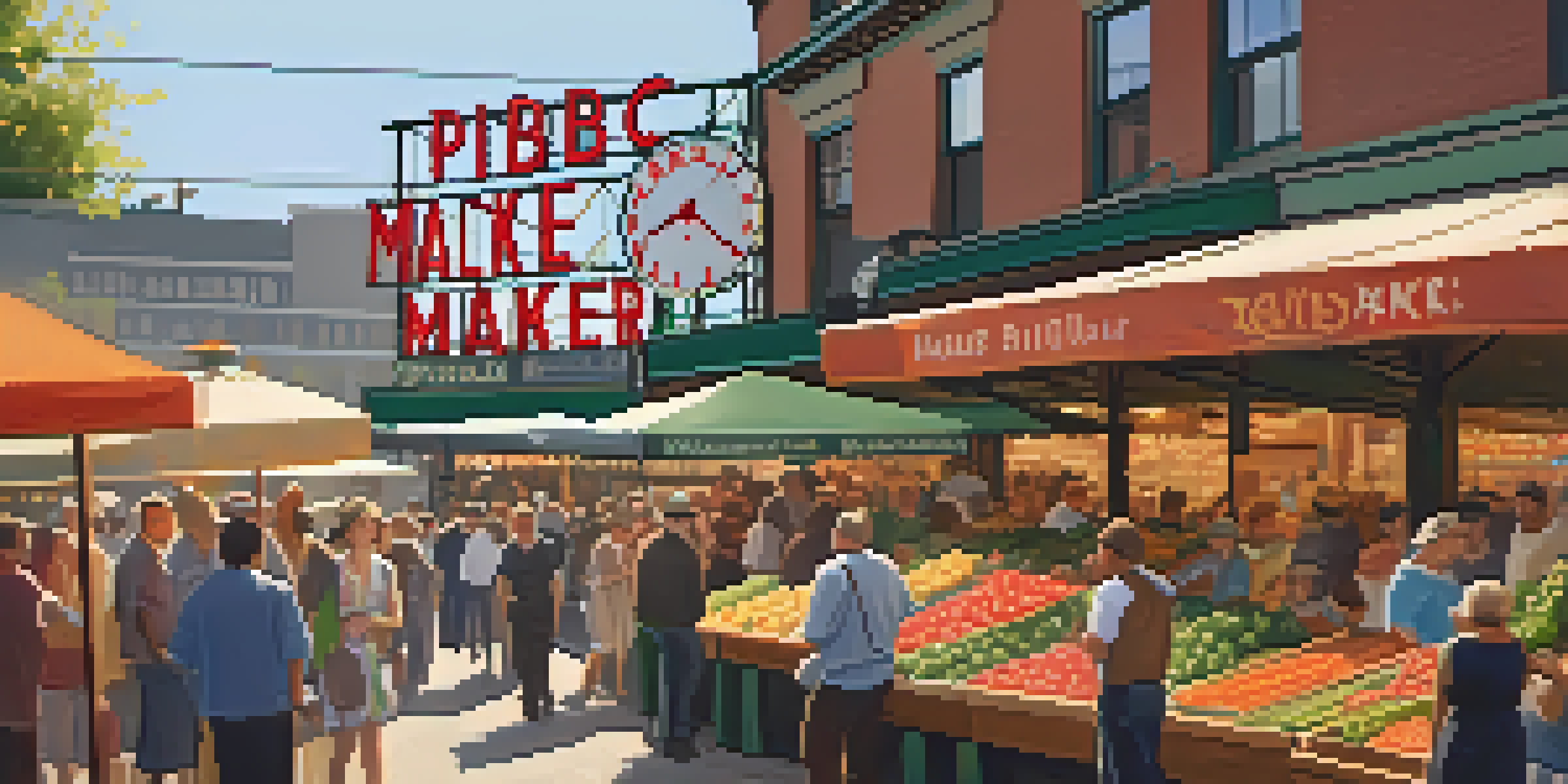 A lively marketplace scene at Pike Place Market, featuring colorful stalls, street performers, and a diverse crowd enjoying the atmosphere.