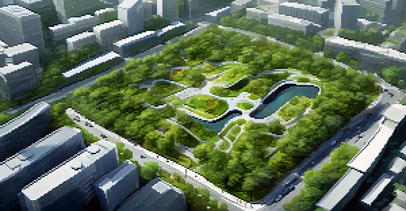 Aerial view of a city with parks, green roofs, and trees, showcasing integration of green infrastructure in urban planning.