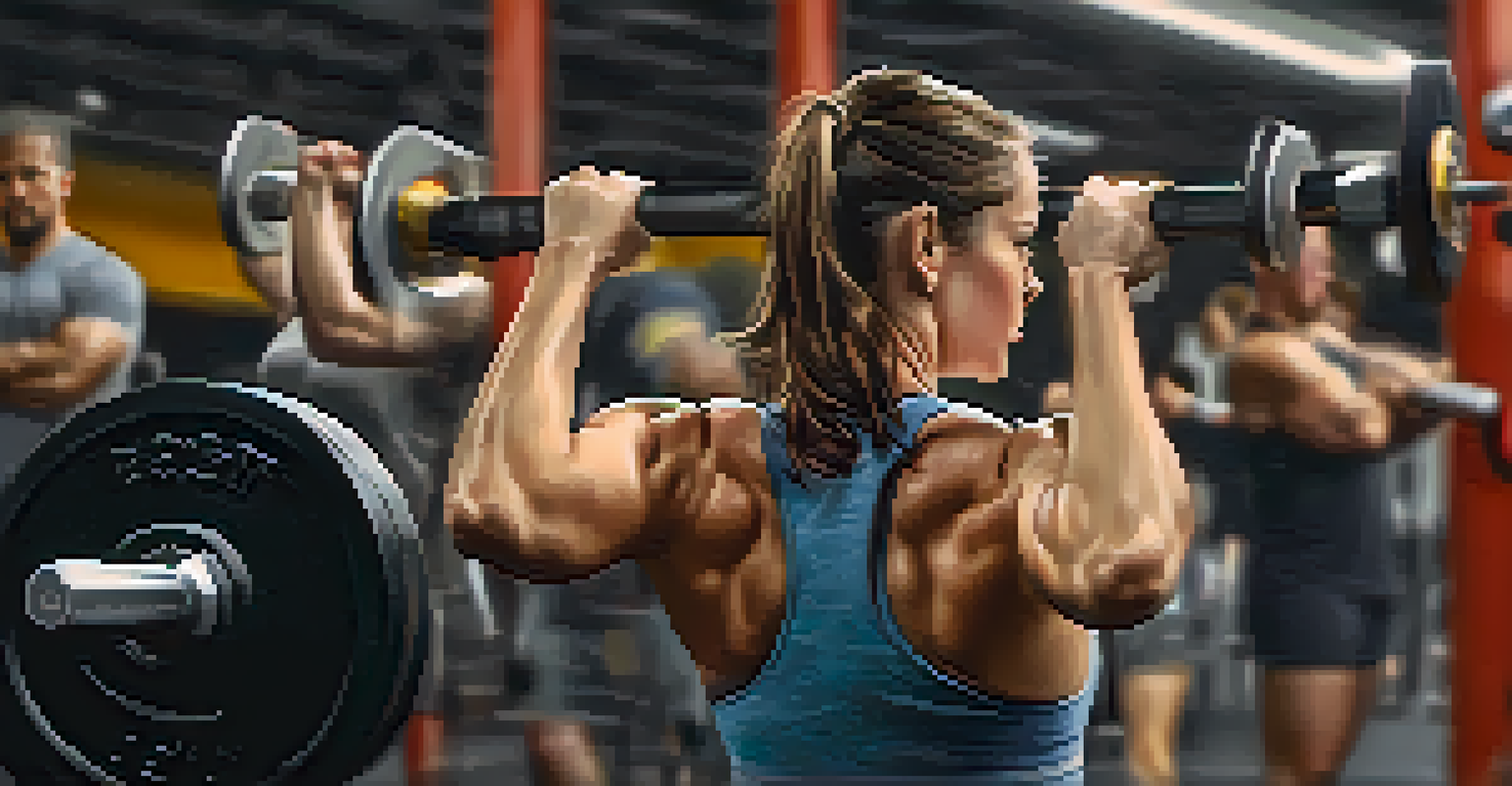 A CrossFit member lifting weights, showing determination and focus in a supportive gym environment.
