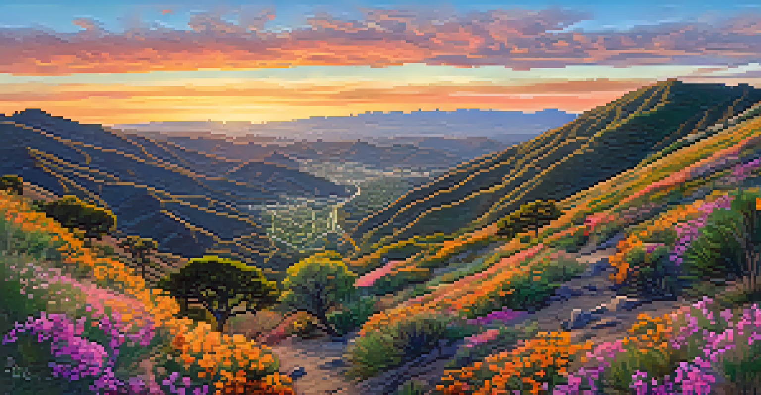 Aerial view of trails in the Santa Monica Mountains with wildflowers, mountain lions, and coyotes under a sunset sky.