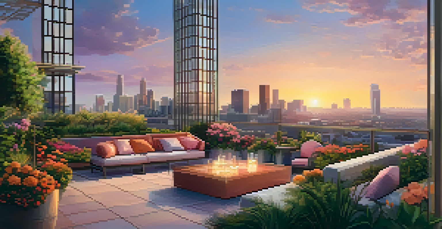 A rooftop garden on a high-rise building in Los Angeles, with lush plants and a skyline view at sunset.