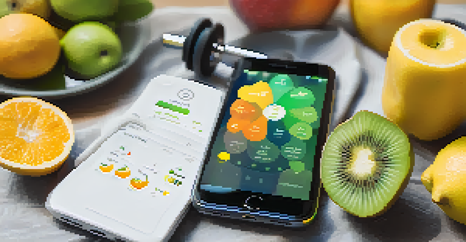 A smartphone showing a fitness app, surrounded by fruits, a water bottle, and a yoga mat, creating a healthy lifestyle scene.