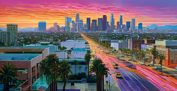 A scenic sunset view of the Los Angeles skyline featuring skyscrapers and palm trees.