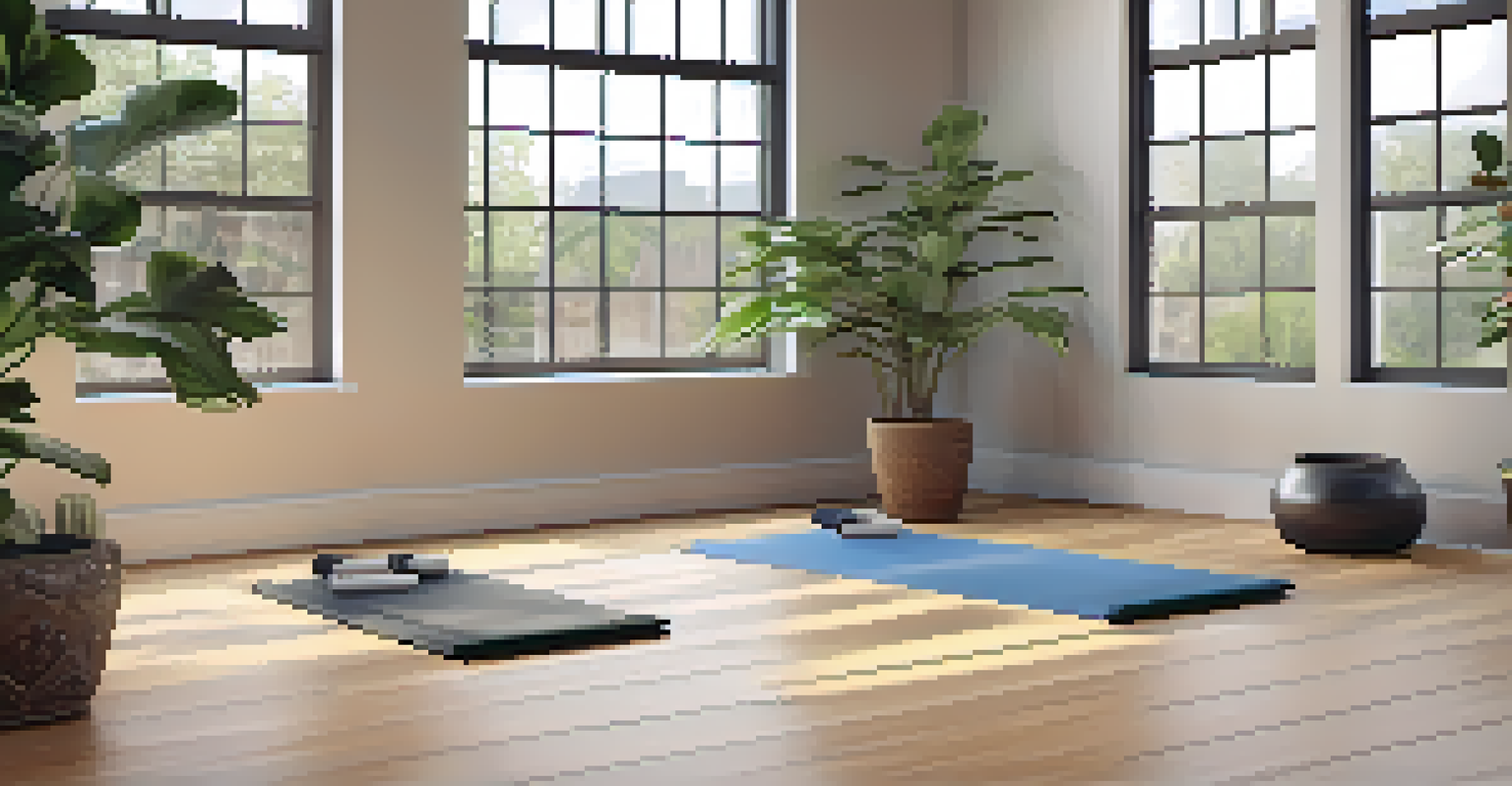 An indoor yoga studio with large windows, wooden floors, potted plants, and a single yoga mat in the center under natural light.