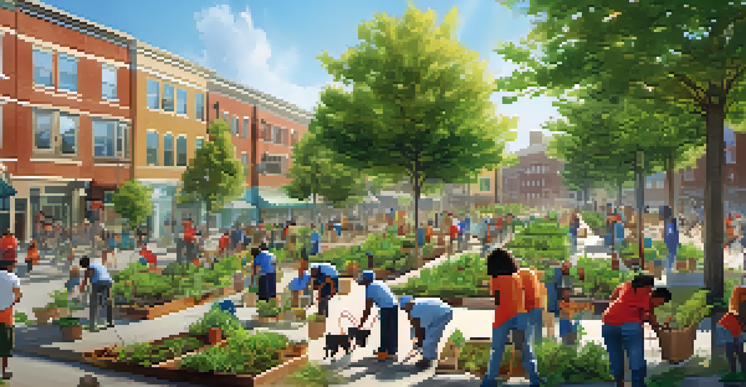 A diverse group of residents participating in a community tree-planting event, smiling and working together with saplings and gardening tools under a bright sun.