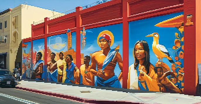 A colorful mural depicting diverse cultural symbols on a building, with people walking by in a lively Los Angeles neighborhood.