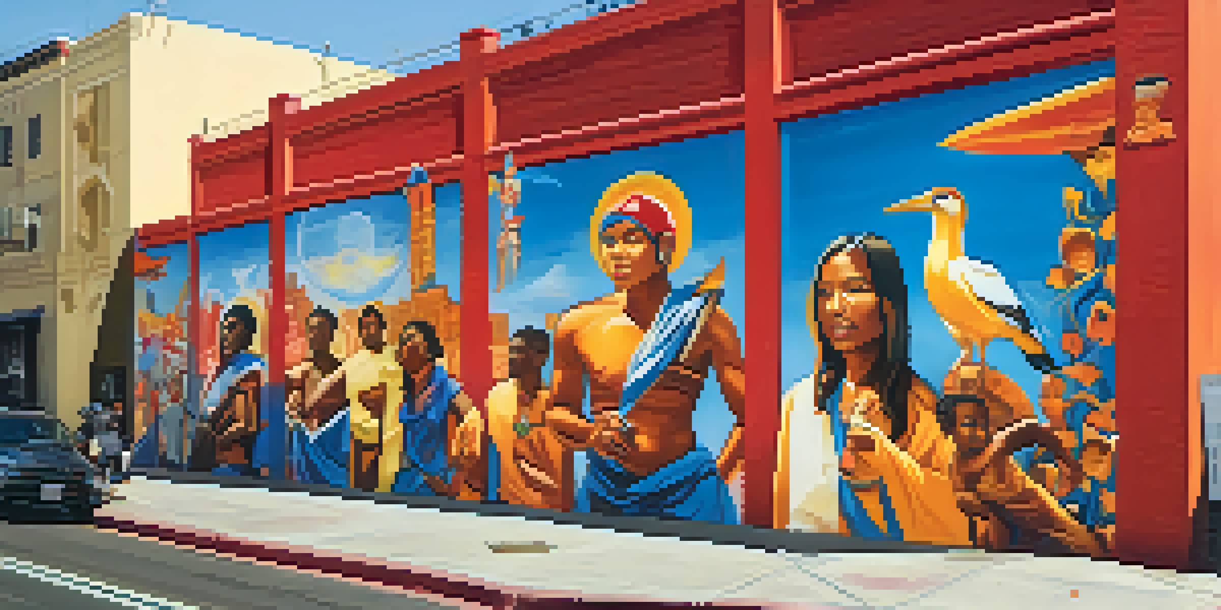 A colorful mural depicting diverse cultural symbols on a building, with people walking by in a lively Los Angeles neighborhood.