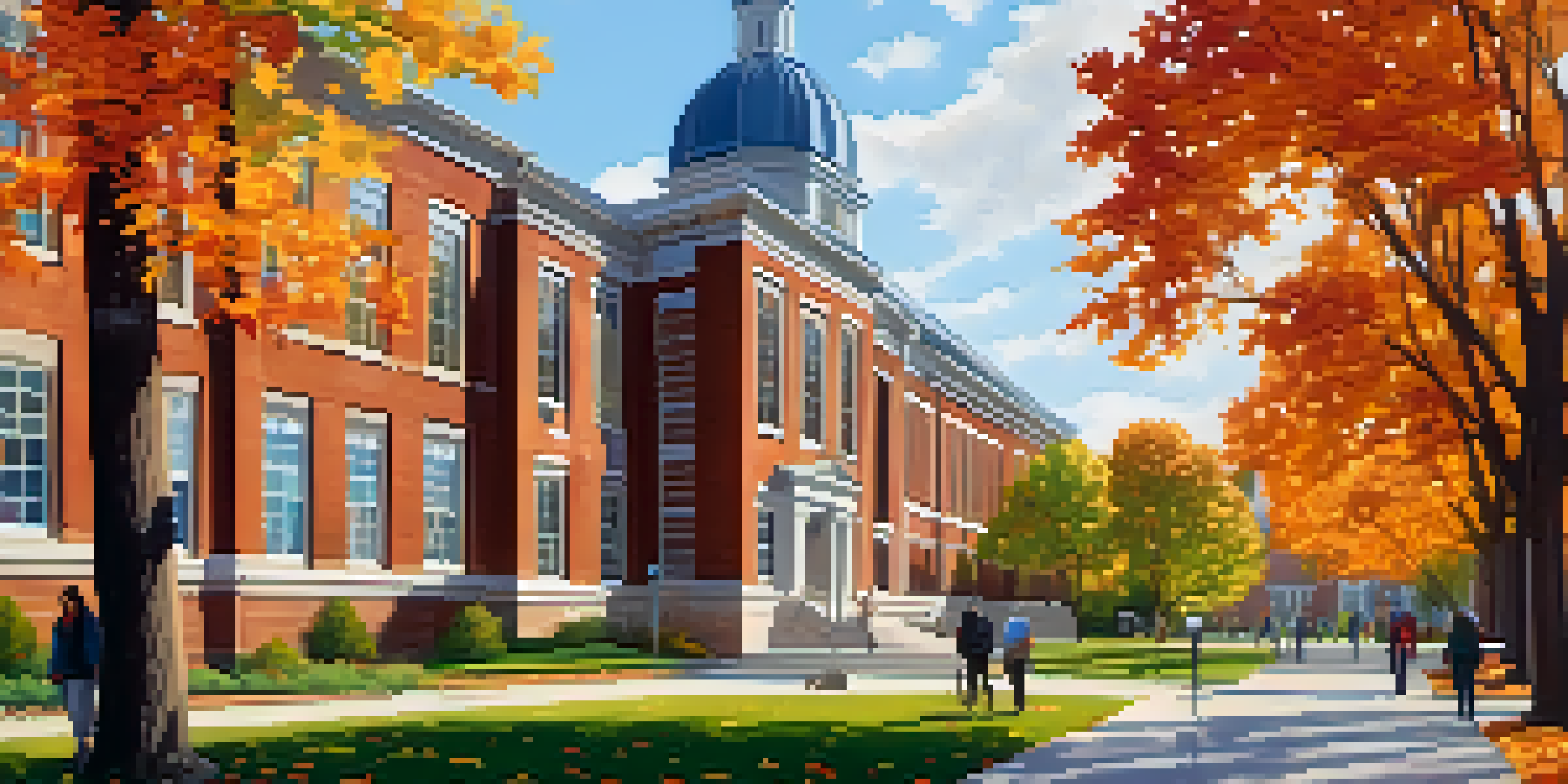 A picturesque college campus in autumn with students walking among colorful trees and diverse architecture.