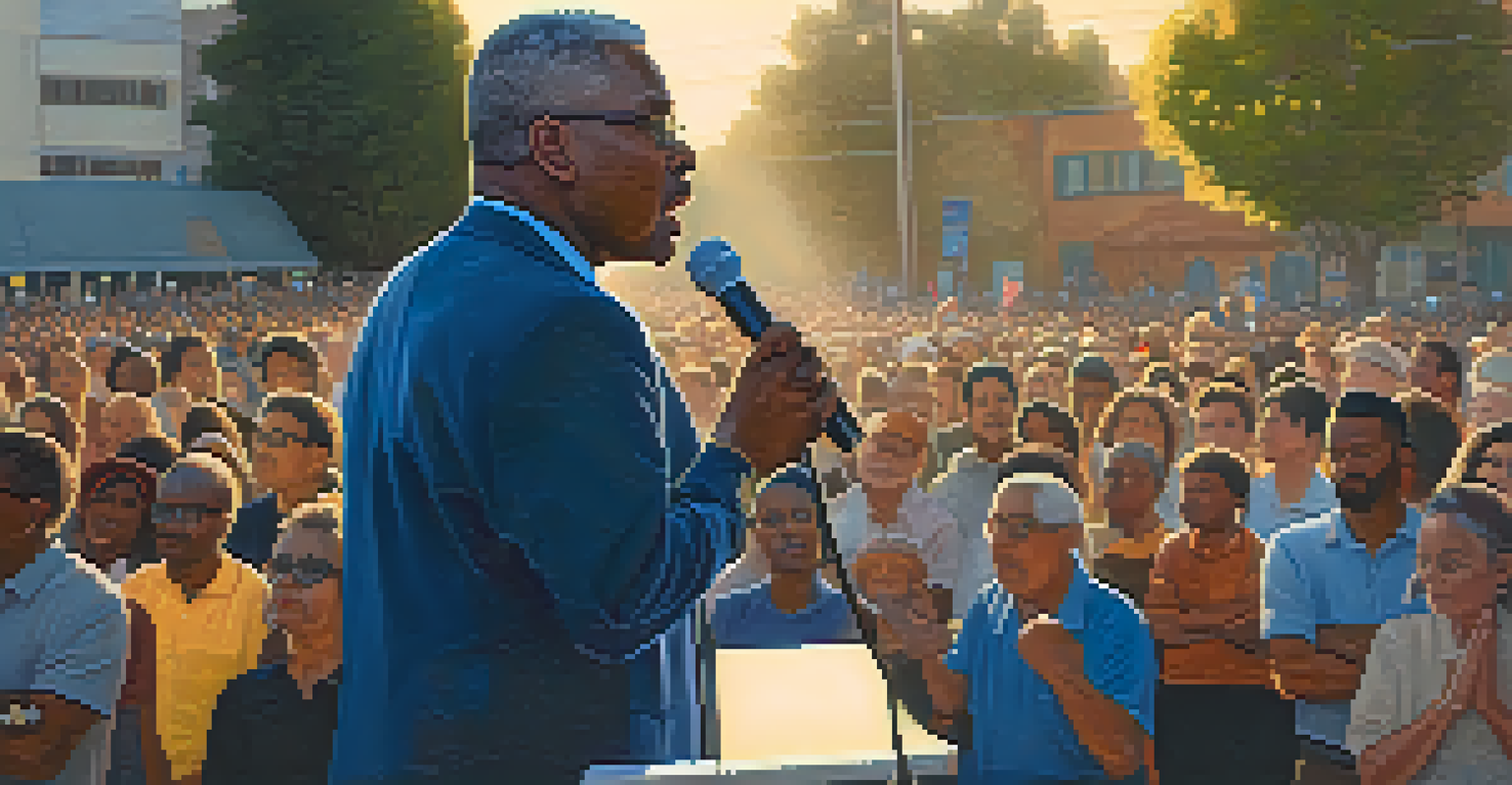 A community leader speaking passionately at a civil rights rally in Los Angeles, with an engaged audience in the background.