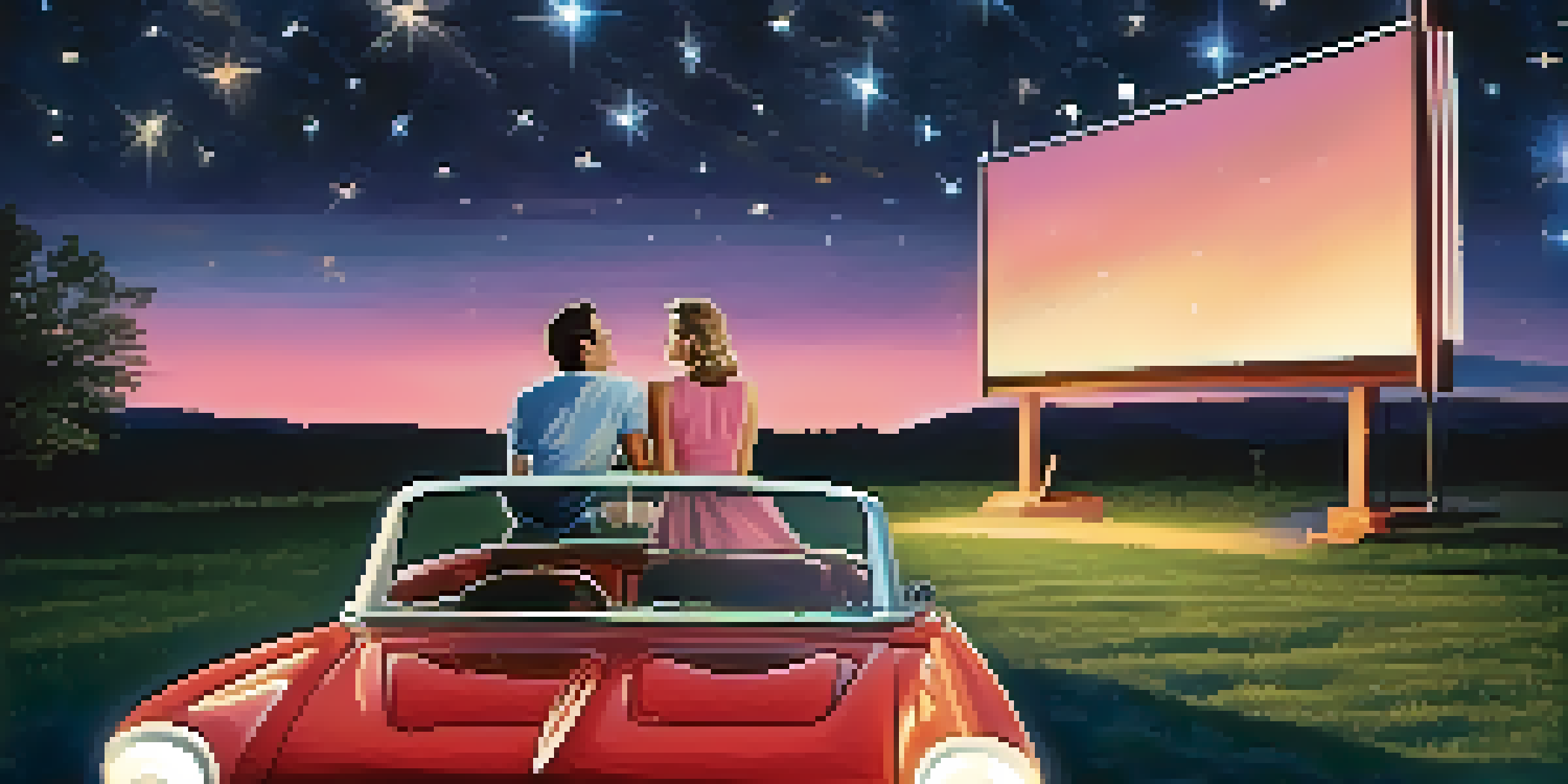 A couple enjoying a movie at a drive-in cinema, surrounded by stars and a glowing screen.
