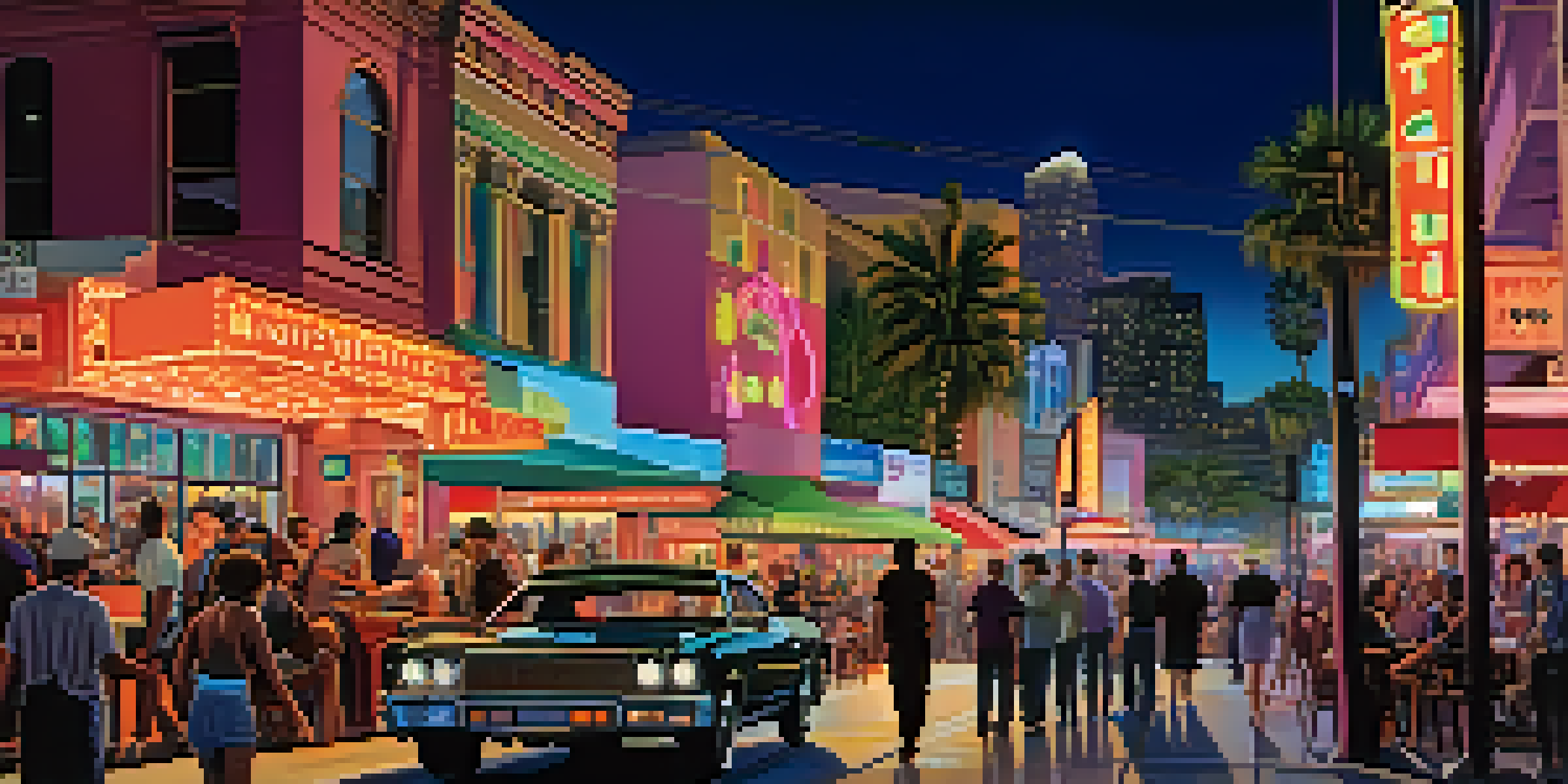 A lively street in Los Angeles filled with bars and restaurants illuminated by neon lights, showcasing a mix of modern and historic architecture.