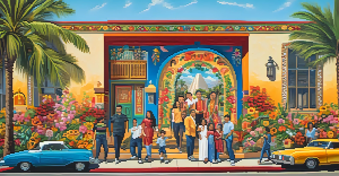 A colorful mural showing a Mexican-American family celebrating their heritage with flowers and traditional symbols, set in a sunny Los Angeles street.