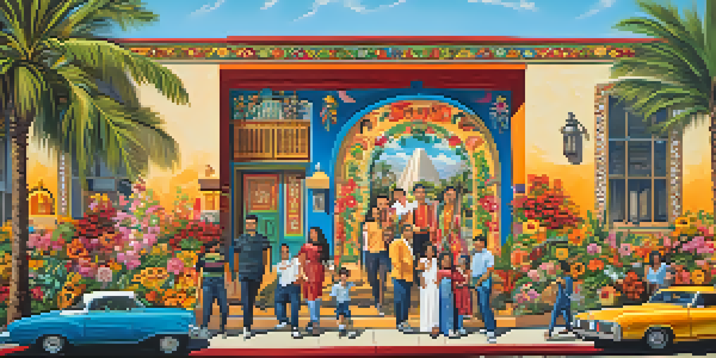 A colorful mural showing a Mexican-American family celebrating their heritage with flowers and traditional symbols, set in a sunny Los Angeles street.